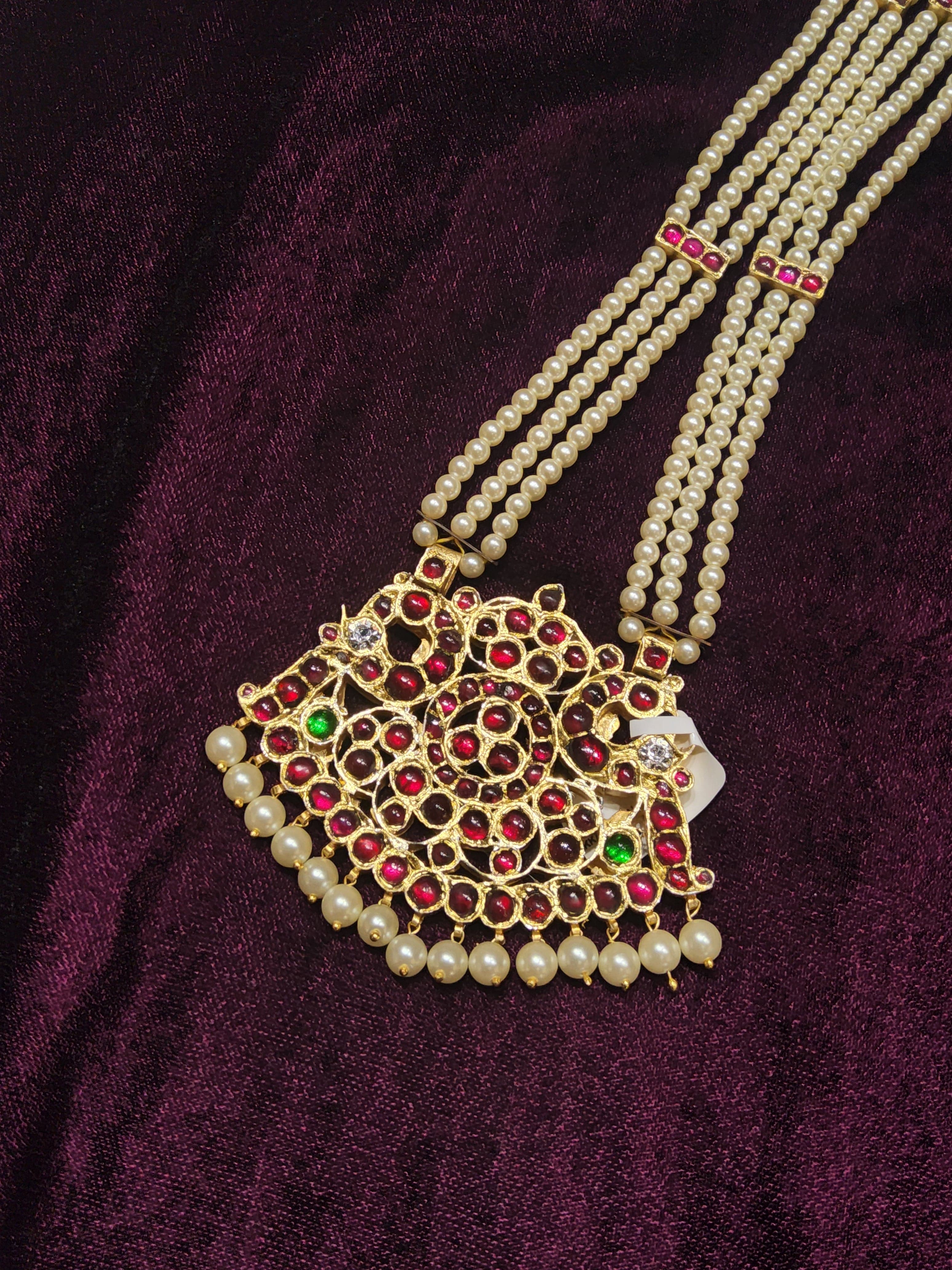 TJRS129 Pathakam Muthu Malai: Long Haram for Indian dance, elegant pearl design, temple jewellery detail.