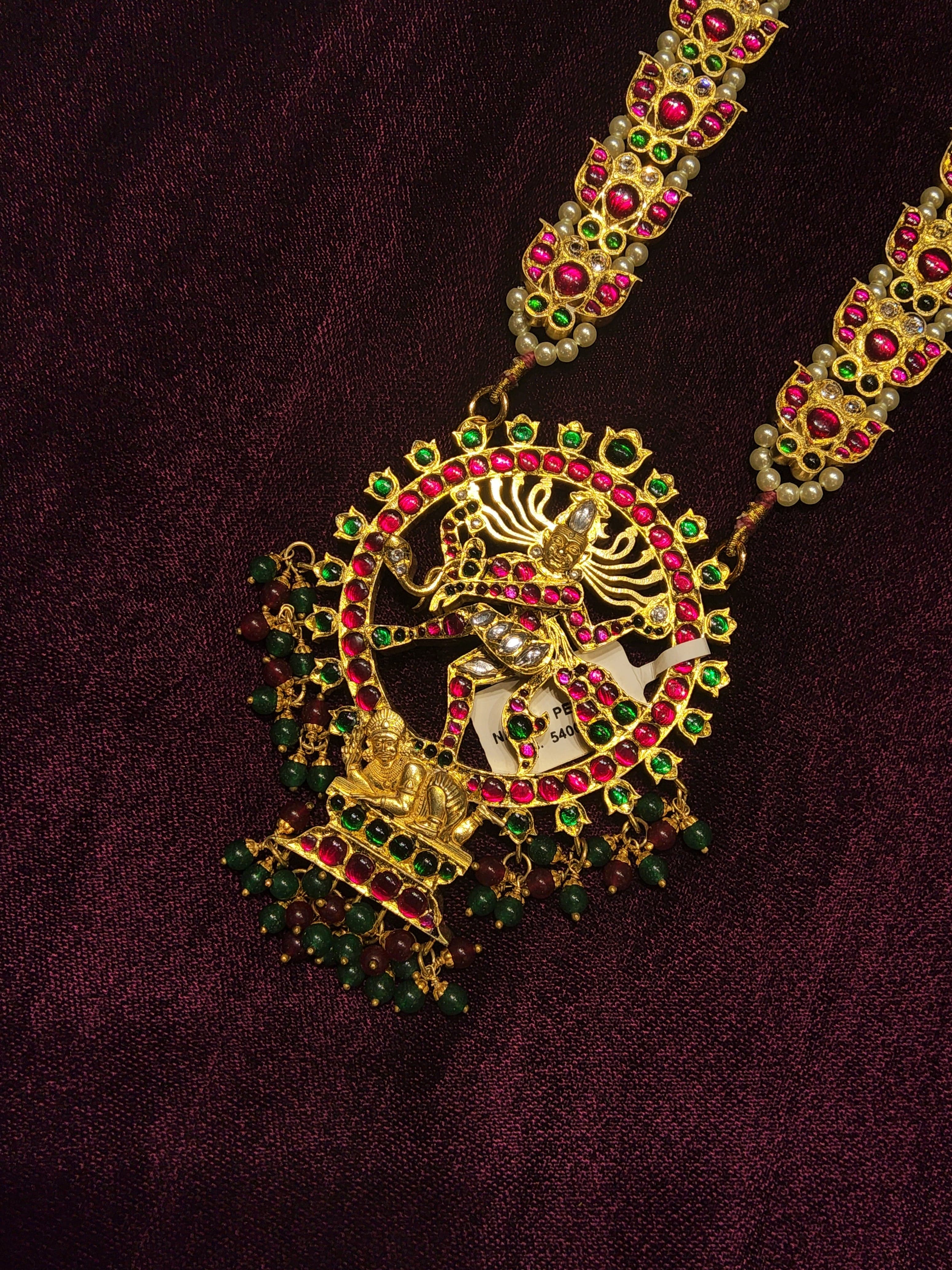 Long Natrajar Lotus Haram: Antique finish, ideal for Kuchipudi & Arangetram. Stage-ready temple jewellery.