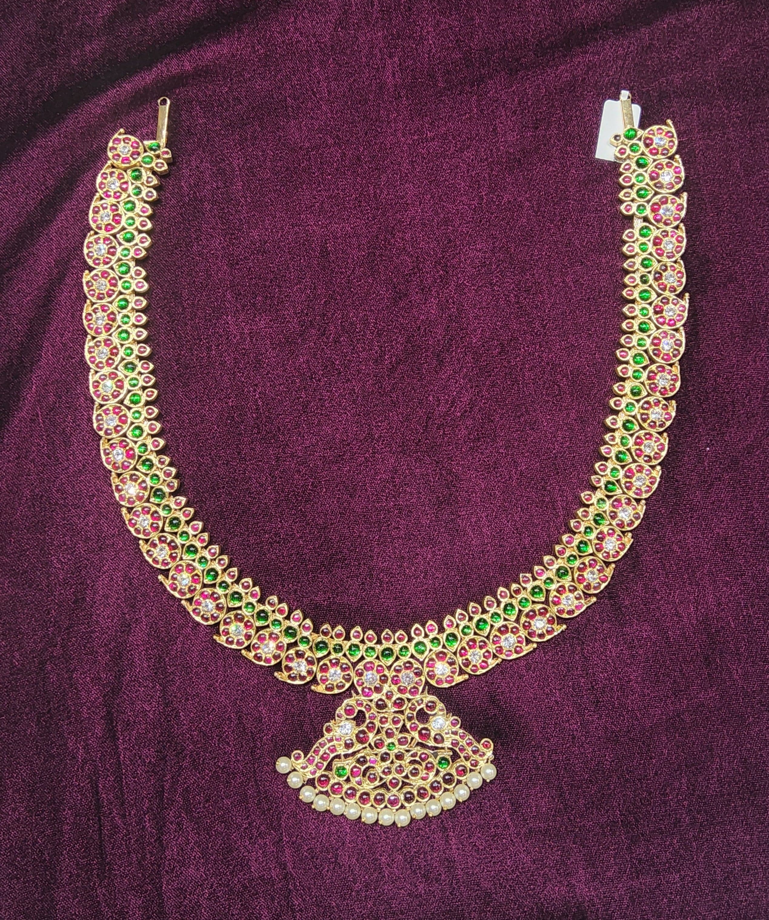 Temple Jewellery Long Haram: Close-up of mango motif design, gold-plated for stage shine