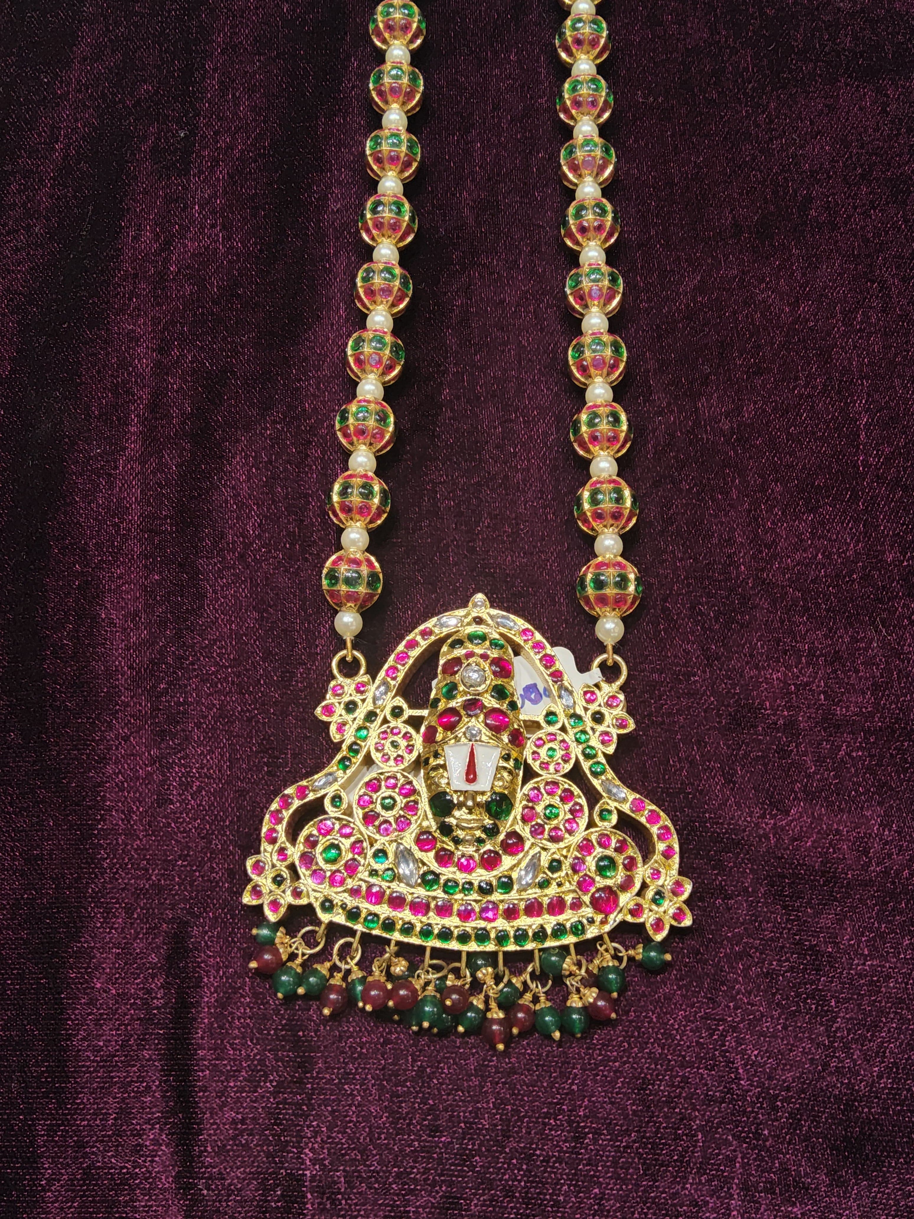 Thirupathi Haram closeup: Long Temple Haram with premium stones. Bharatanatyam jewelry, handcrafted design.