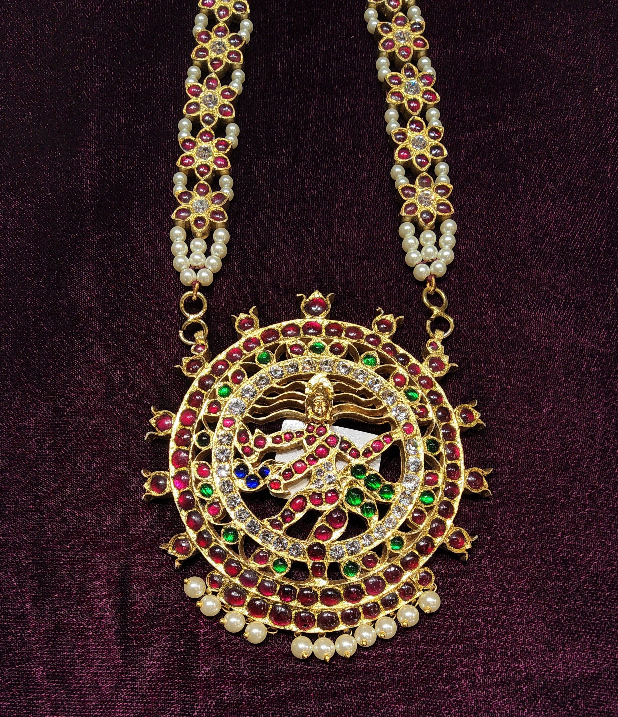 Original Temple Jewellery Haram: Natrajar Flower Haram TJSKN5 with antique gold finish, dance accessory.