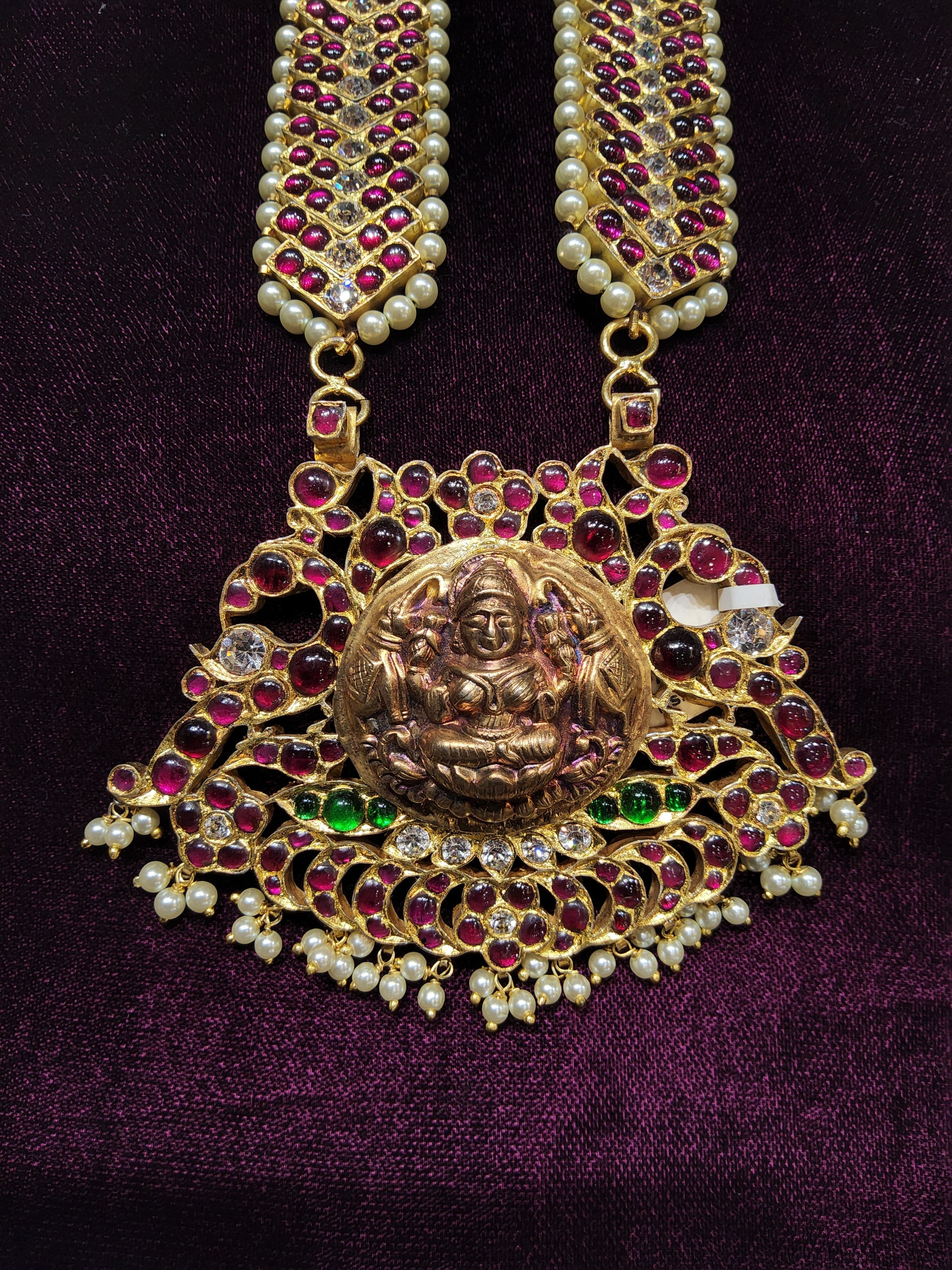 Original Temple Jewellery Lakshmi Haram: Long necklace with pearls, gold polish. Arangetram dance jewelry.