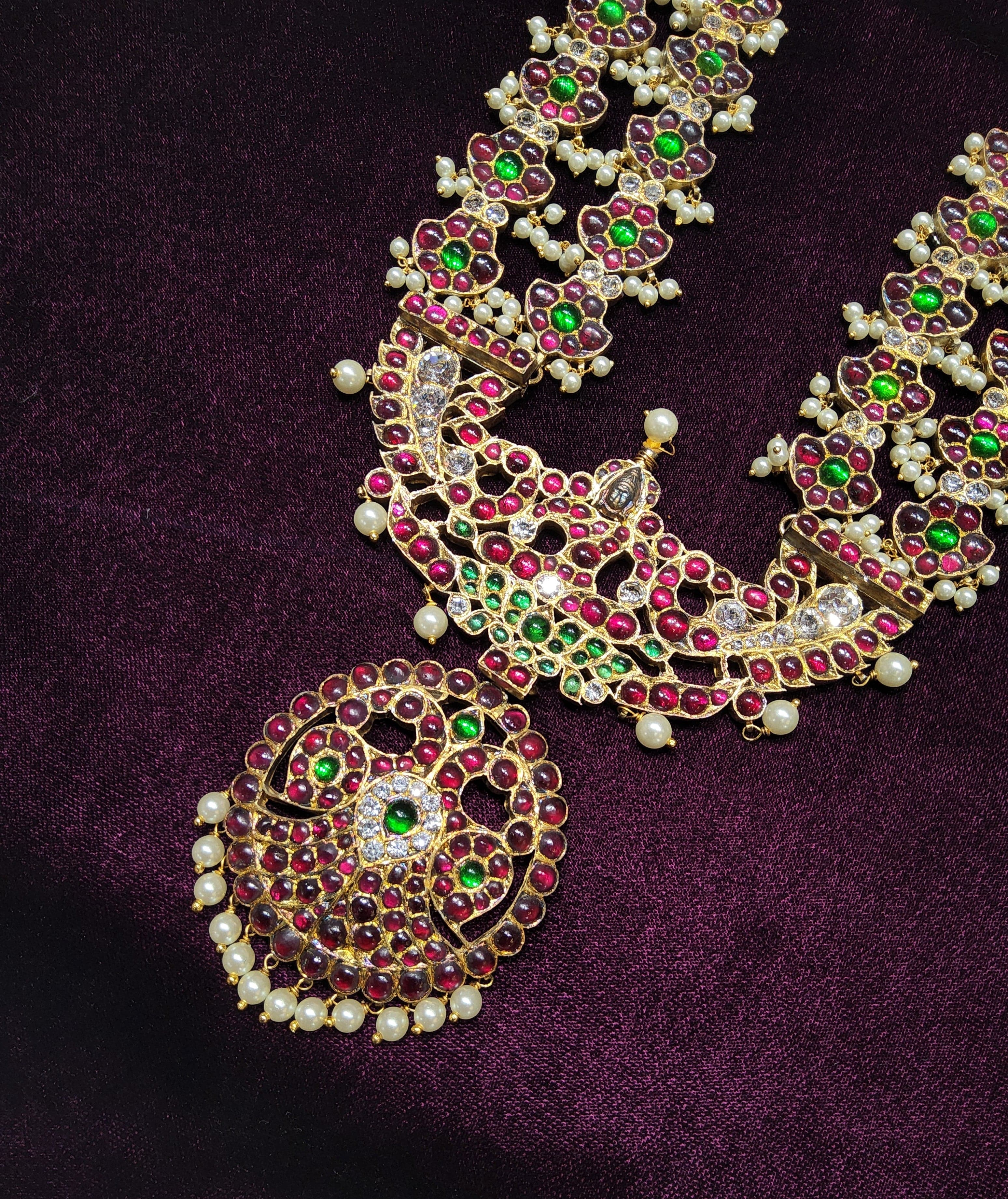 Long Lakshmi Mahari Magudam Haram: Original temple jewelry detail, perfect for classical Indian dance costumes.