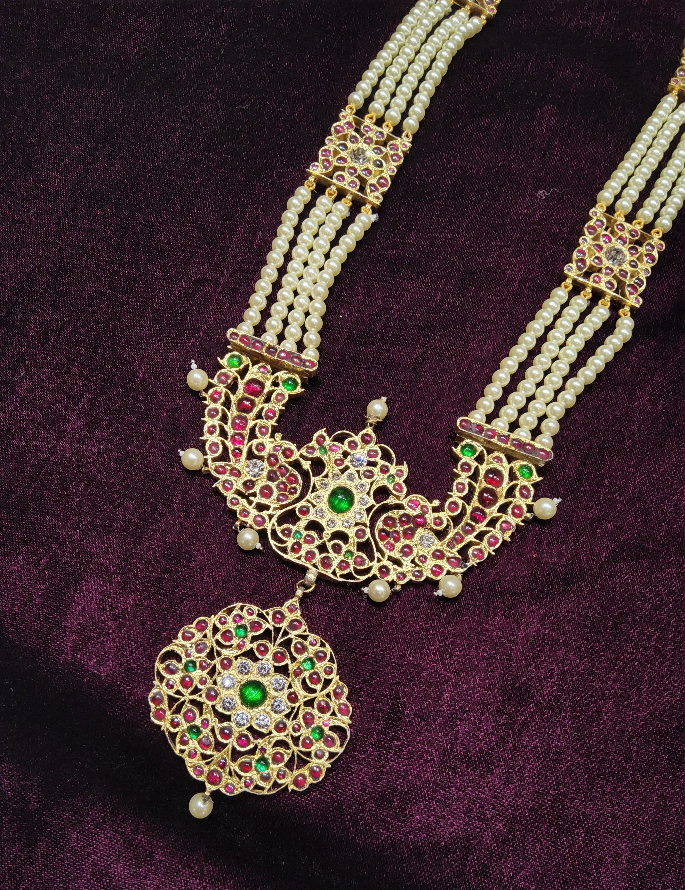 TJSKN2 Long Haram - Muthu Malai, Original Temple Jewellery, pearl pendant necklace for Kuchipudi dance