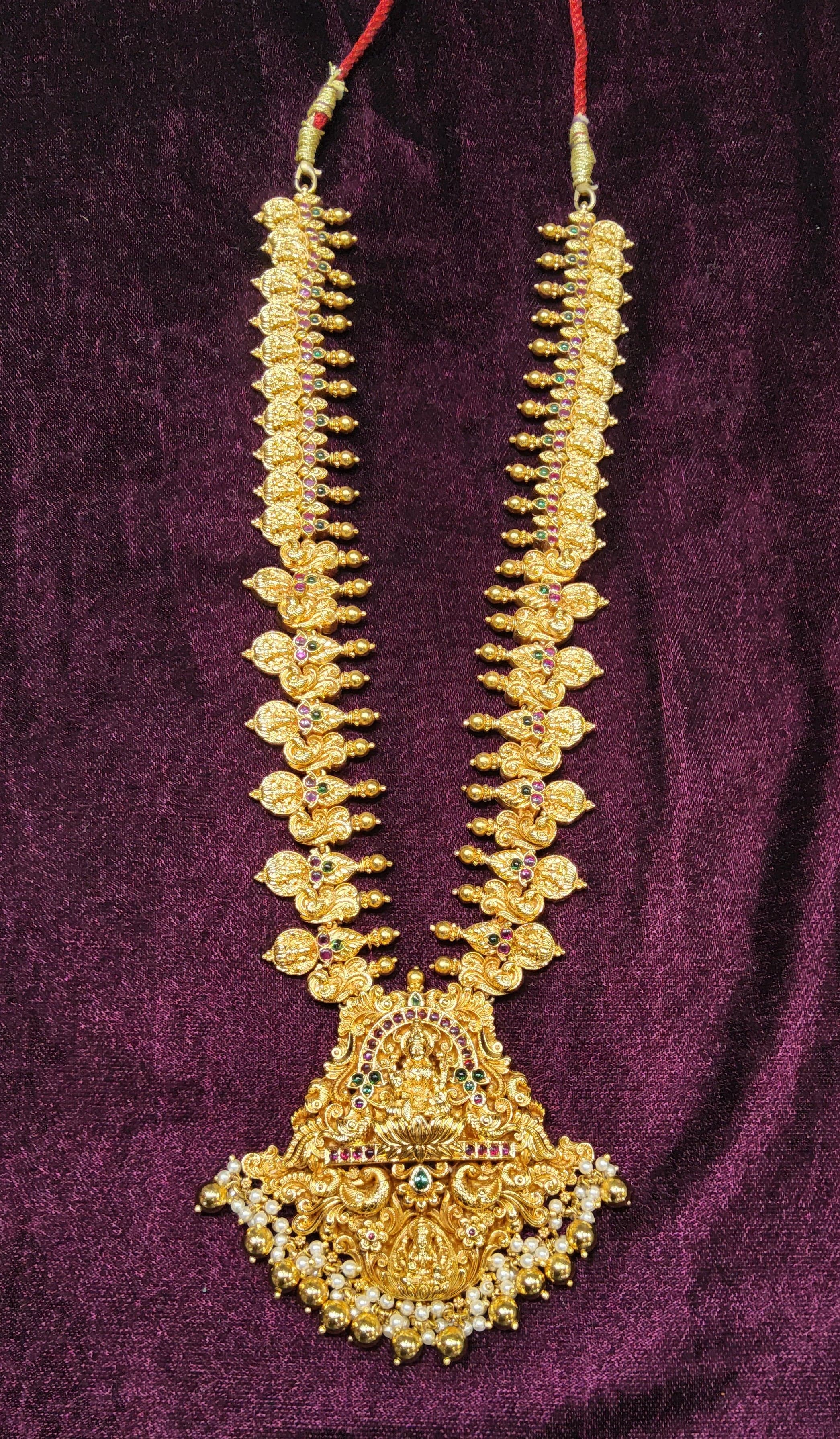 Long Lakshmi Haram: Temple Jewellery, full view of necklace, traditional Indian dance jewellery for Arangetram.