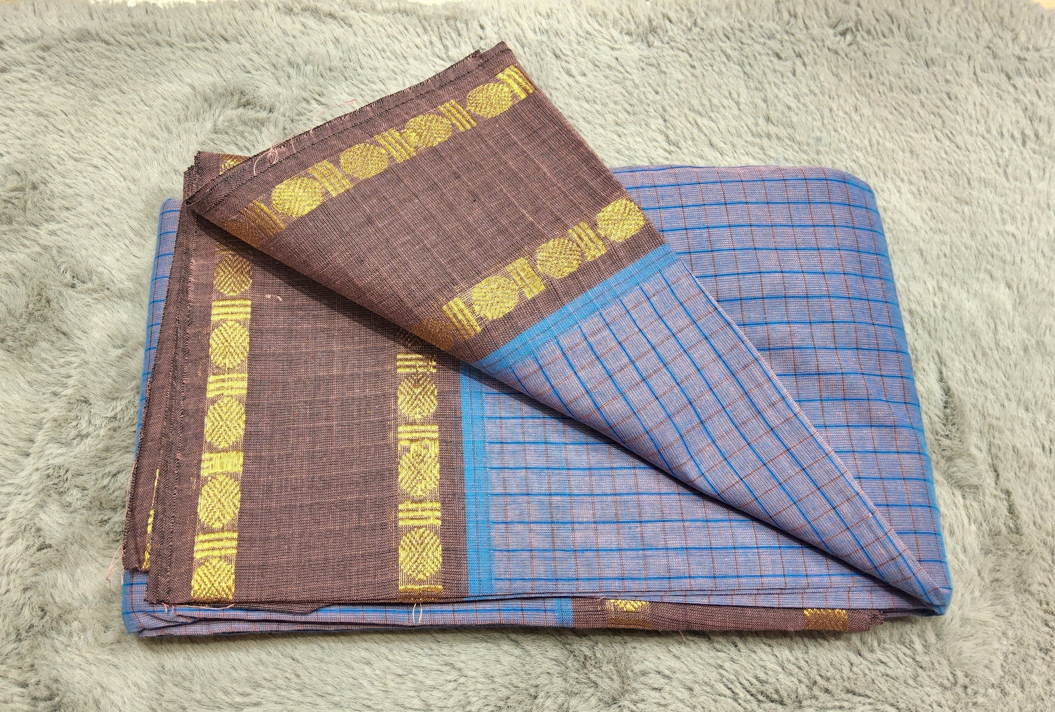 Practice Saree - Checked, Rudratcha Border - Cotton, 6 Meters, Perfect for Indian Dance Training