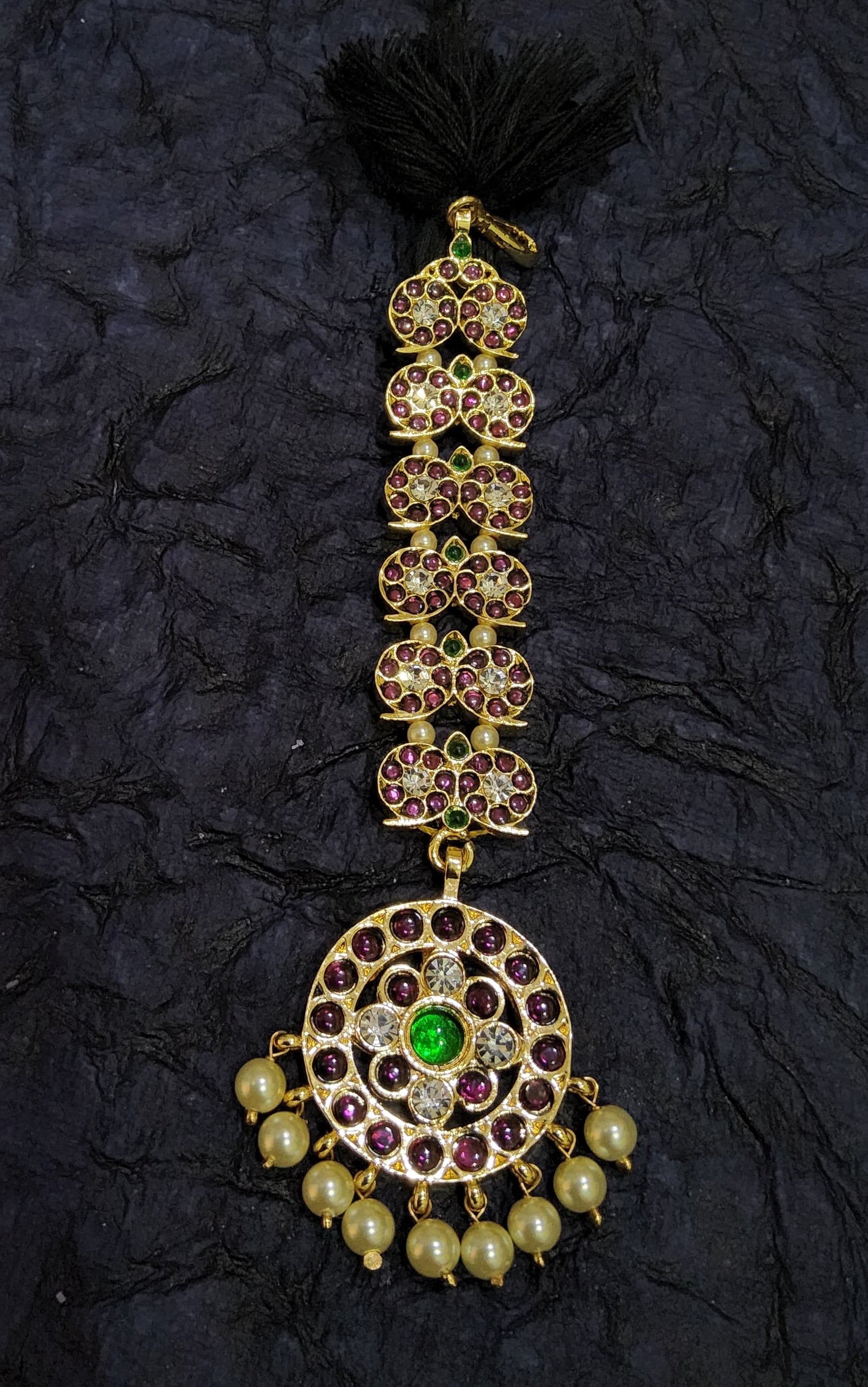 Close-up: Copper Mango Chutty Tikka NJ122, traditional Indian dance forehead accessory detail.