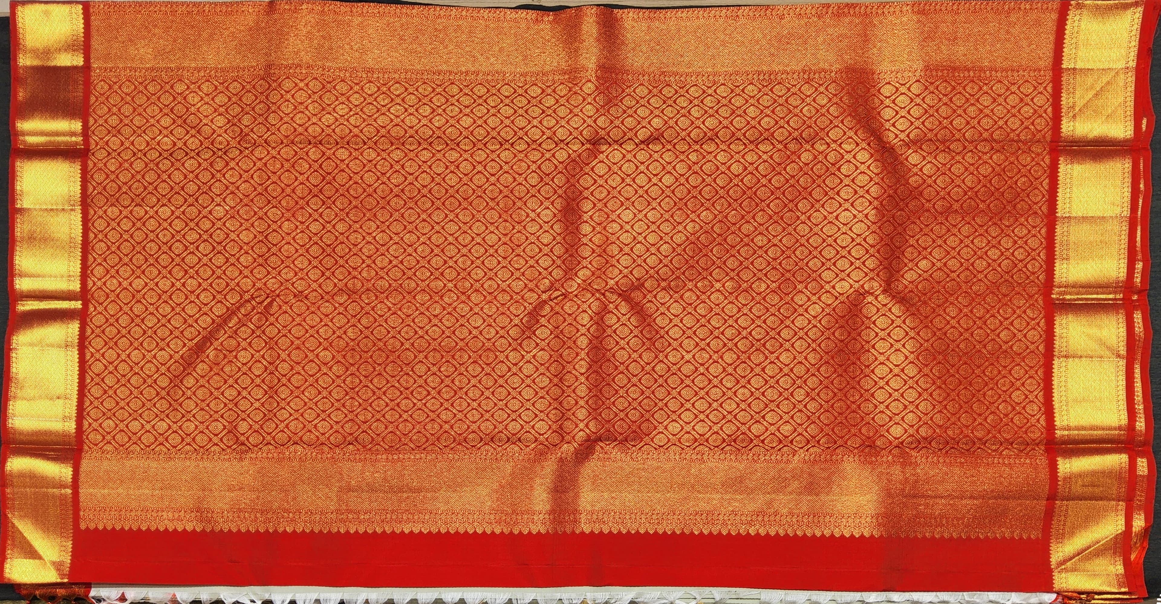 Close-up of Ash with Red Kanchipuram Saree border detail - authentic silk, Dharmavaram pattu sarees inspired design.