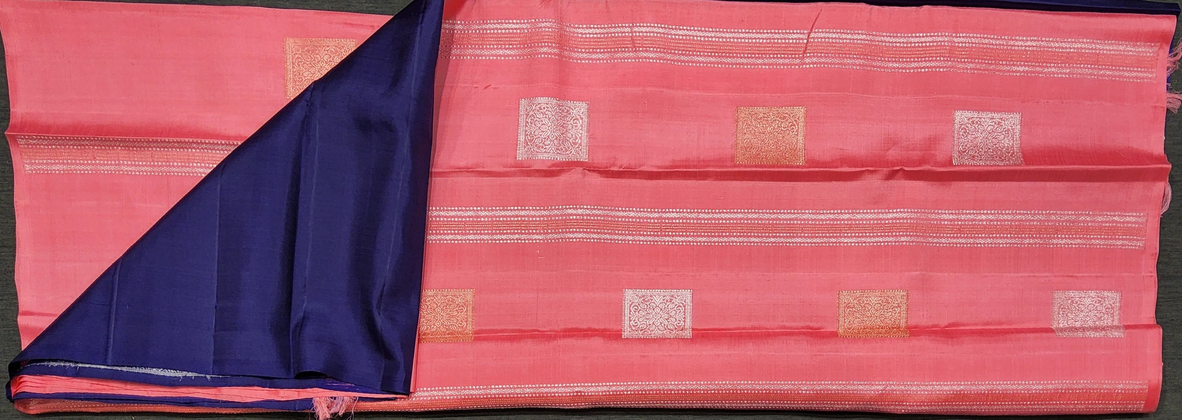 Pink Kanchipuram Silk Saree pallu detail. South Indian pure silk saree for festive occasions.