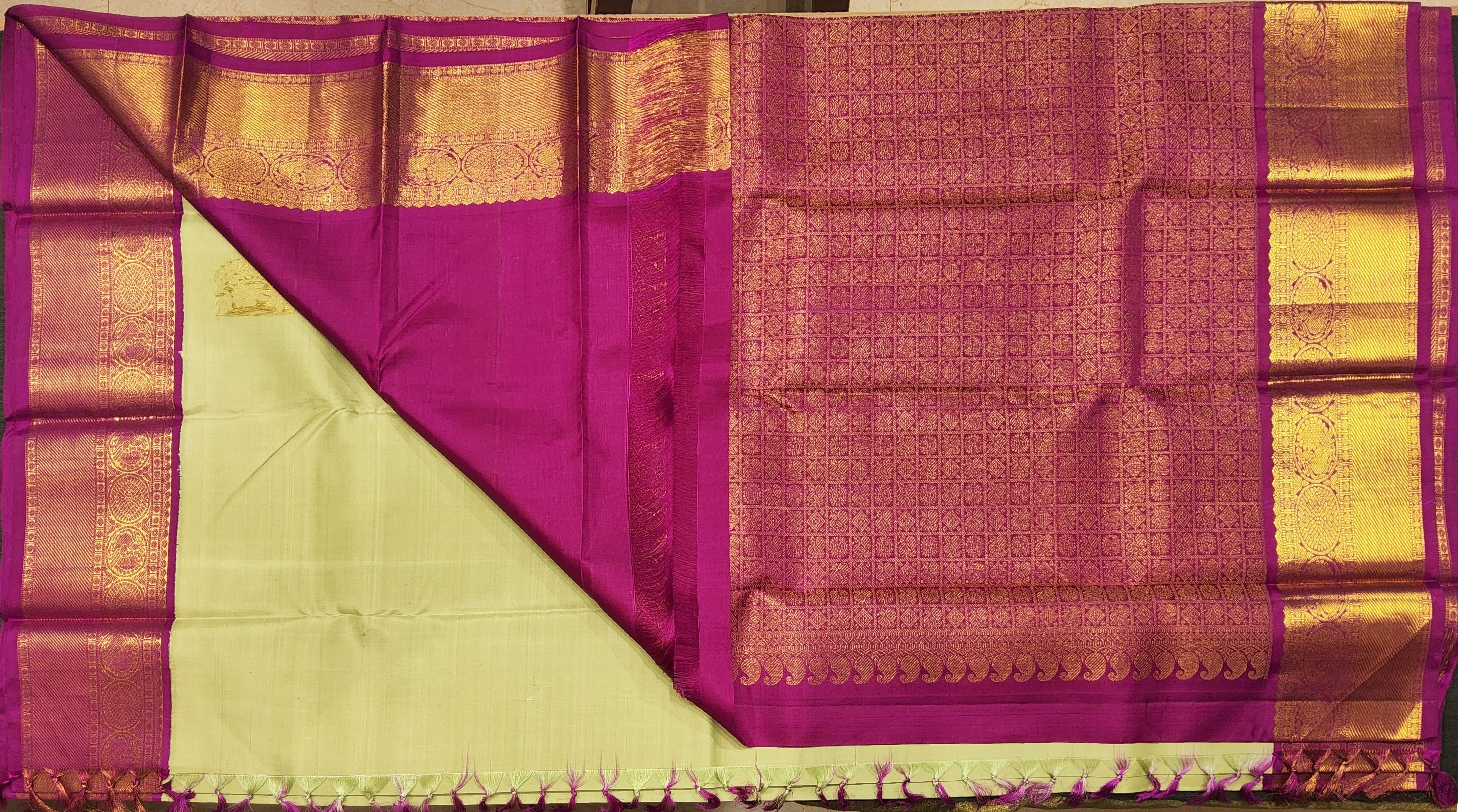 Kanchipuram Silk Saree. Light Green body, pink border, HSN01. South Indian traditional wear.
