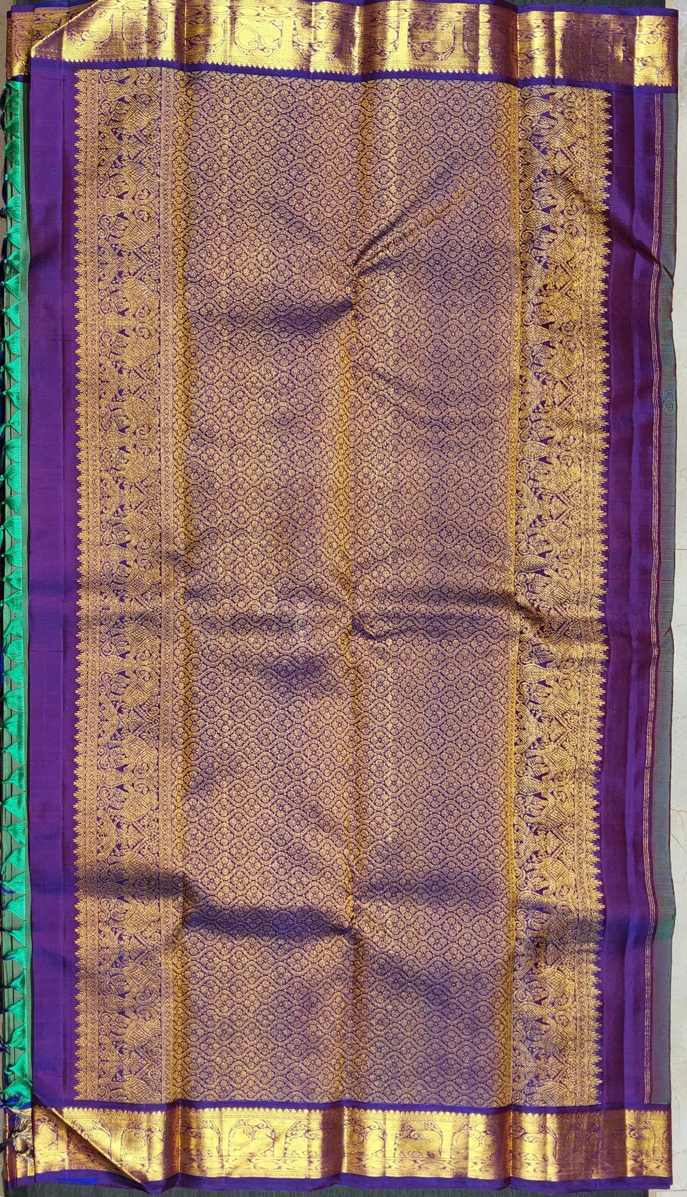 Green with Purple Kanchipuram Silk Saree close up. Perfect dance practice saree.
