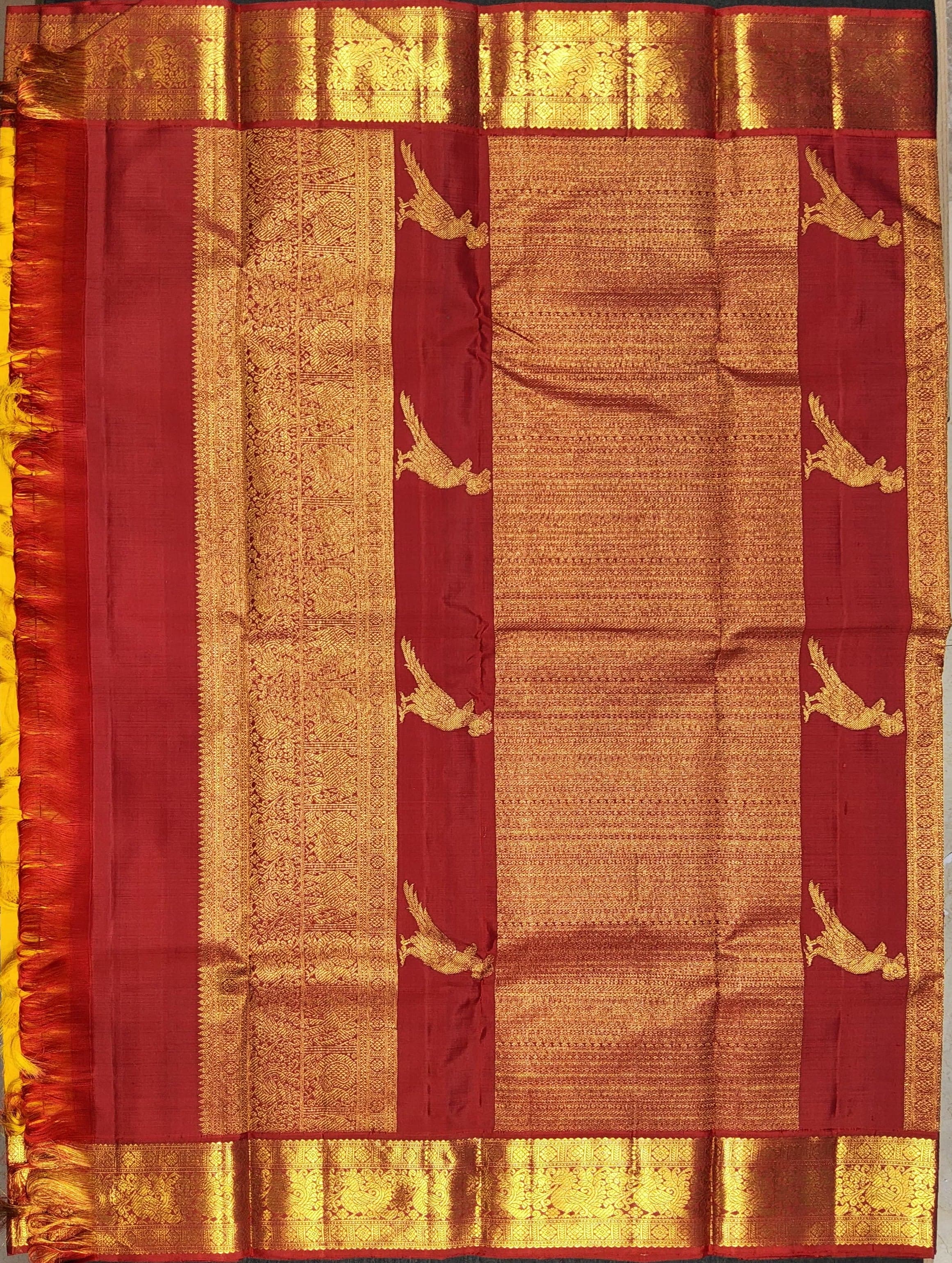 Close-up: Red border detail on Yellow Kanchipuram Saree (SESS14). Perfect dance practice saree.