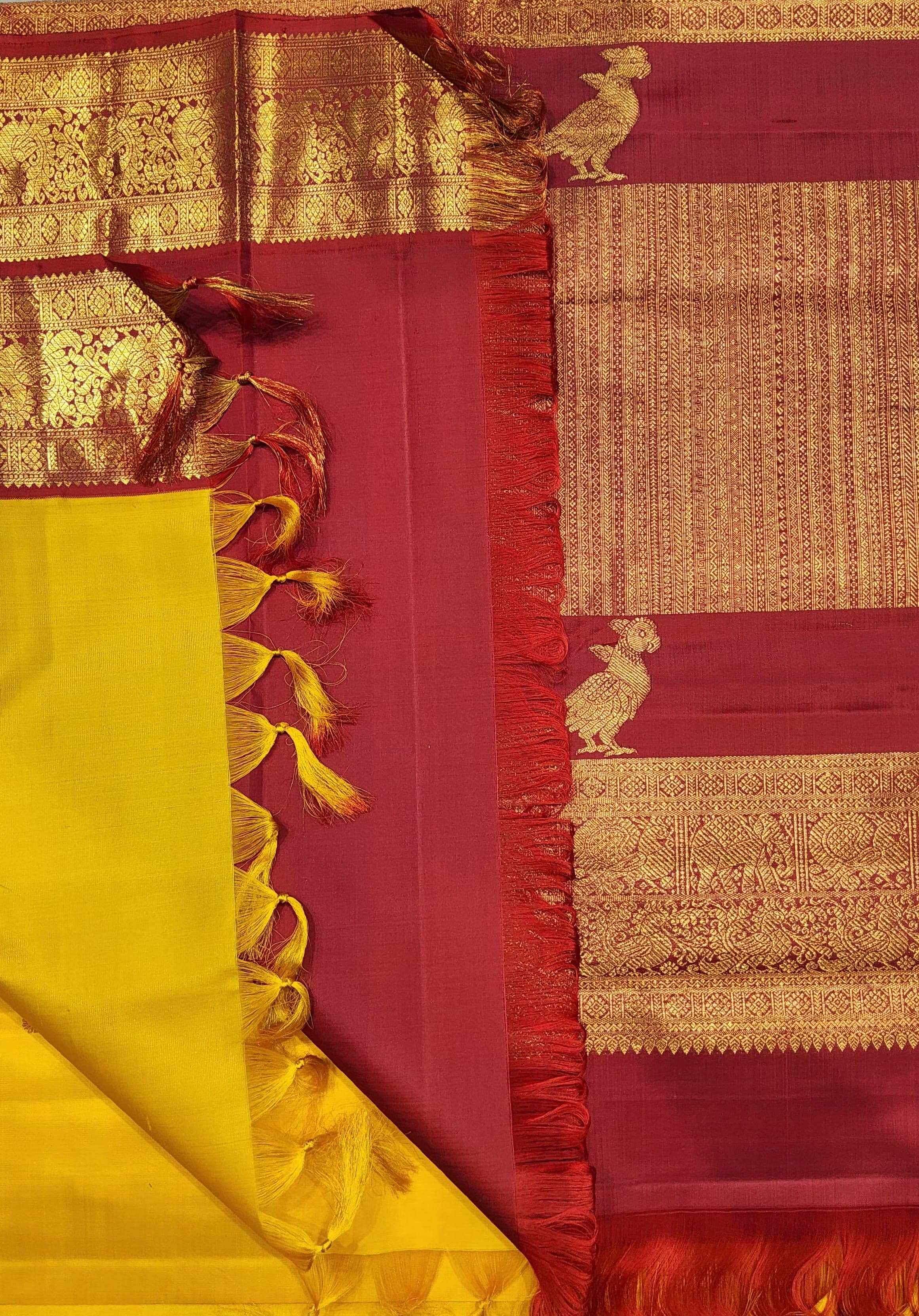 Drape of Yellow Kanchipuram Saree (SESS14). Elegant practice saree for classical Indian dance.