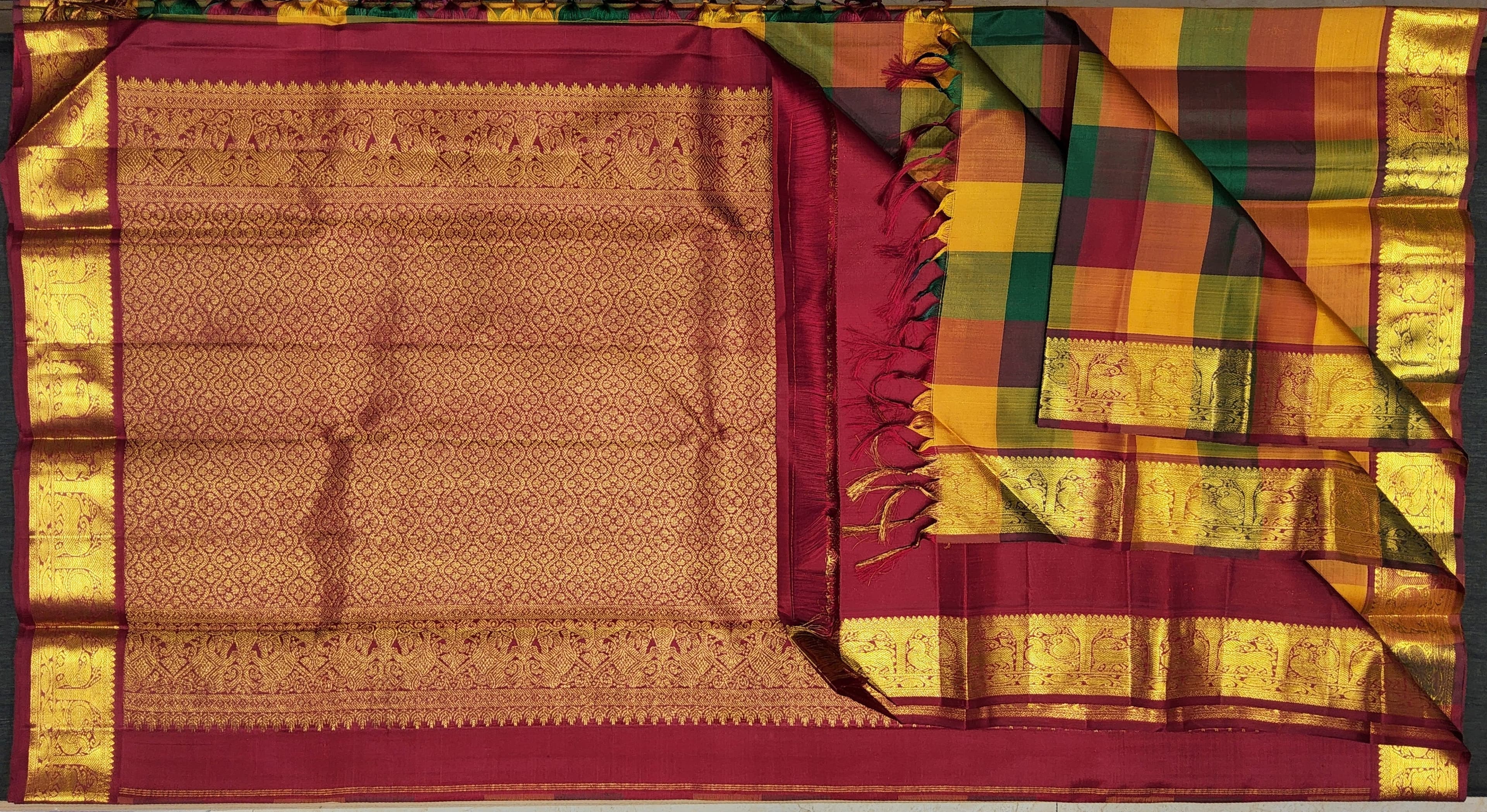 Paalum Pazhamum checked saree, handloom Kanchipuram silk.