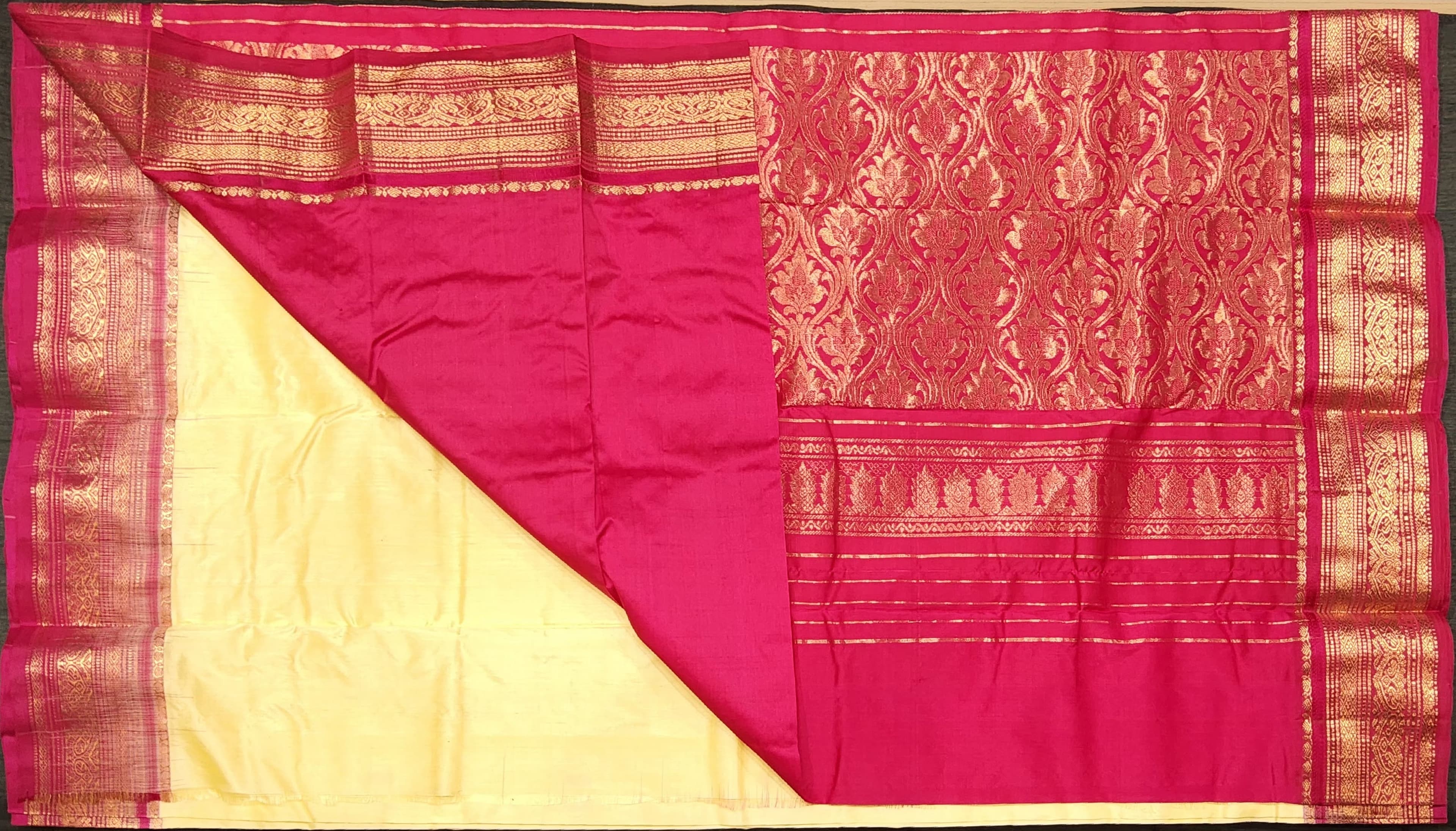 Off White Dharmavaram Silk Saree - Subtle Buttas detail. Ideal Bharatanatyam dress material.