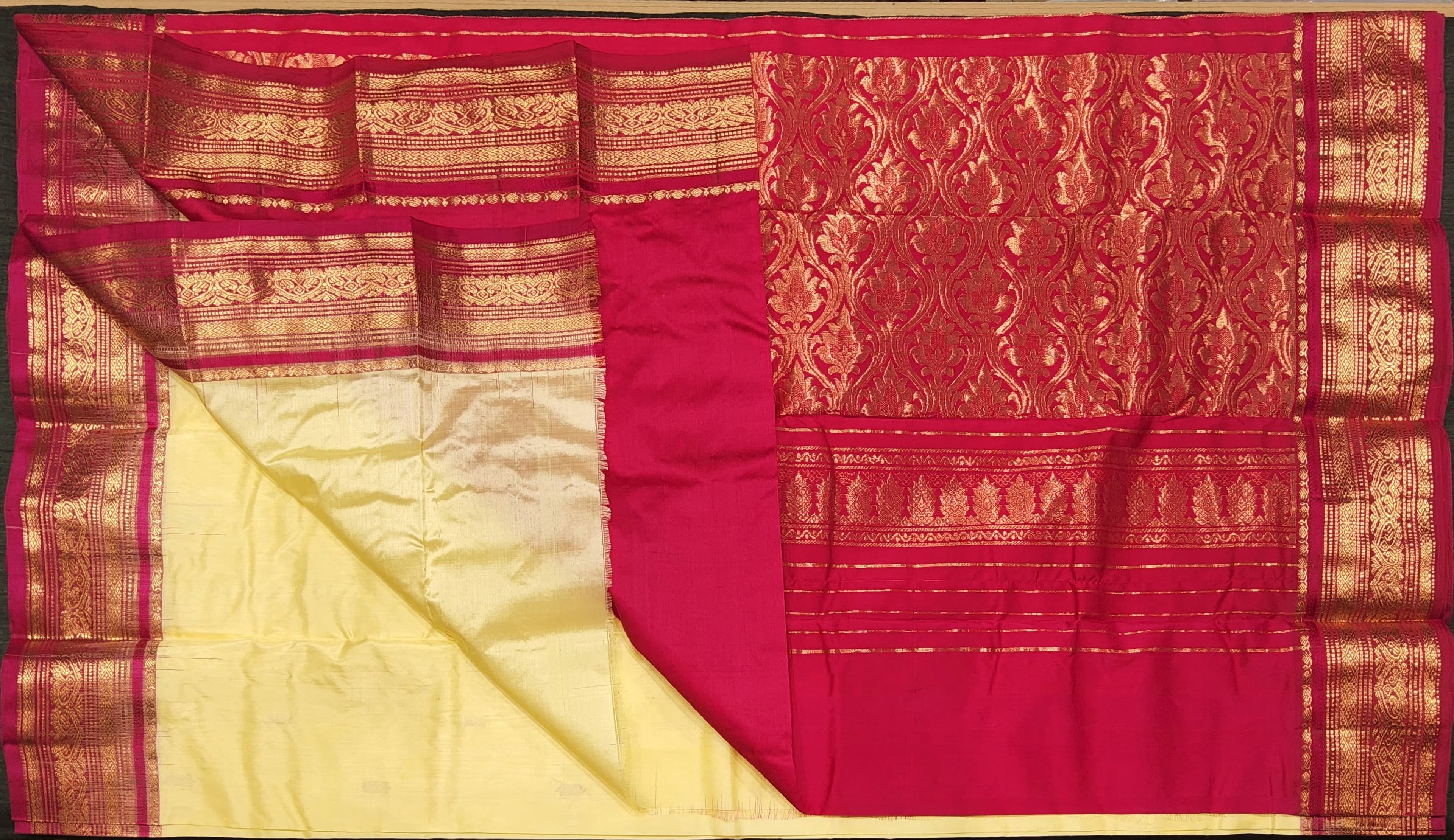 Handloom Dharmavaram Silk Saree close up. Perfect choice as a Bharatanatyam costume, zari work.