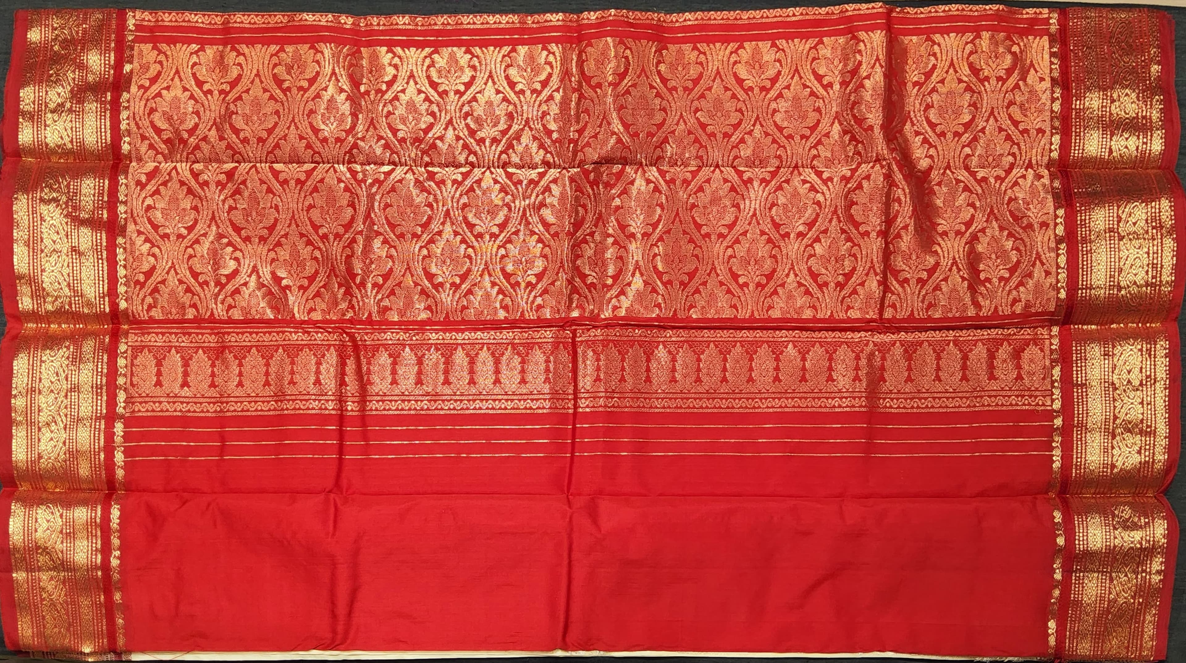 Handloom Dharmavaram Silk Saree: Close-up of gold zari border detail. Ideal for Bharatanatyam costume.