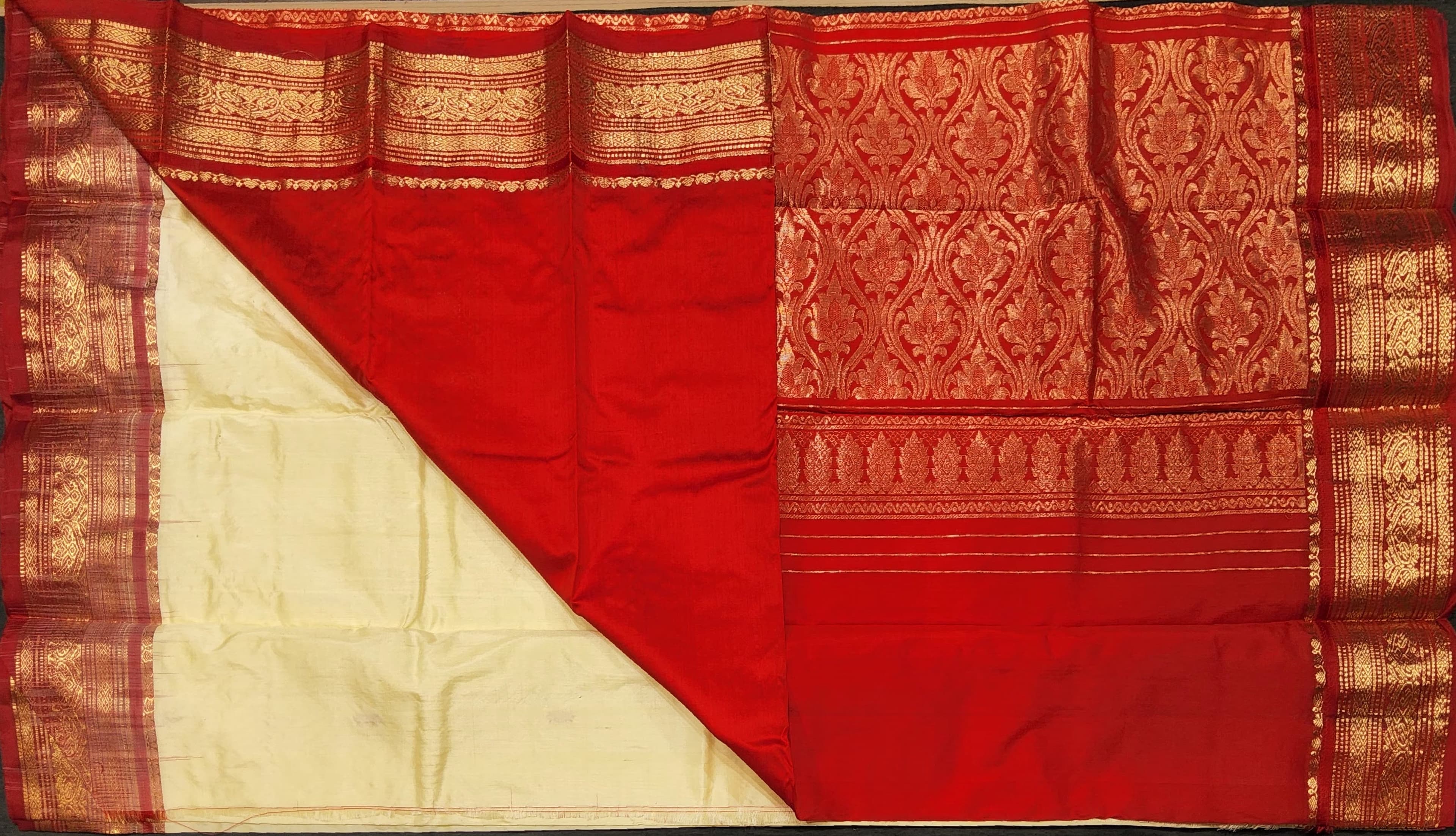 Off-White & Red Saree: Dharmavaram silk texture. Suitable as a Bharatanatyam practice saree.