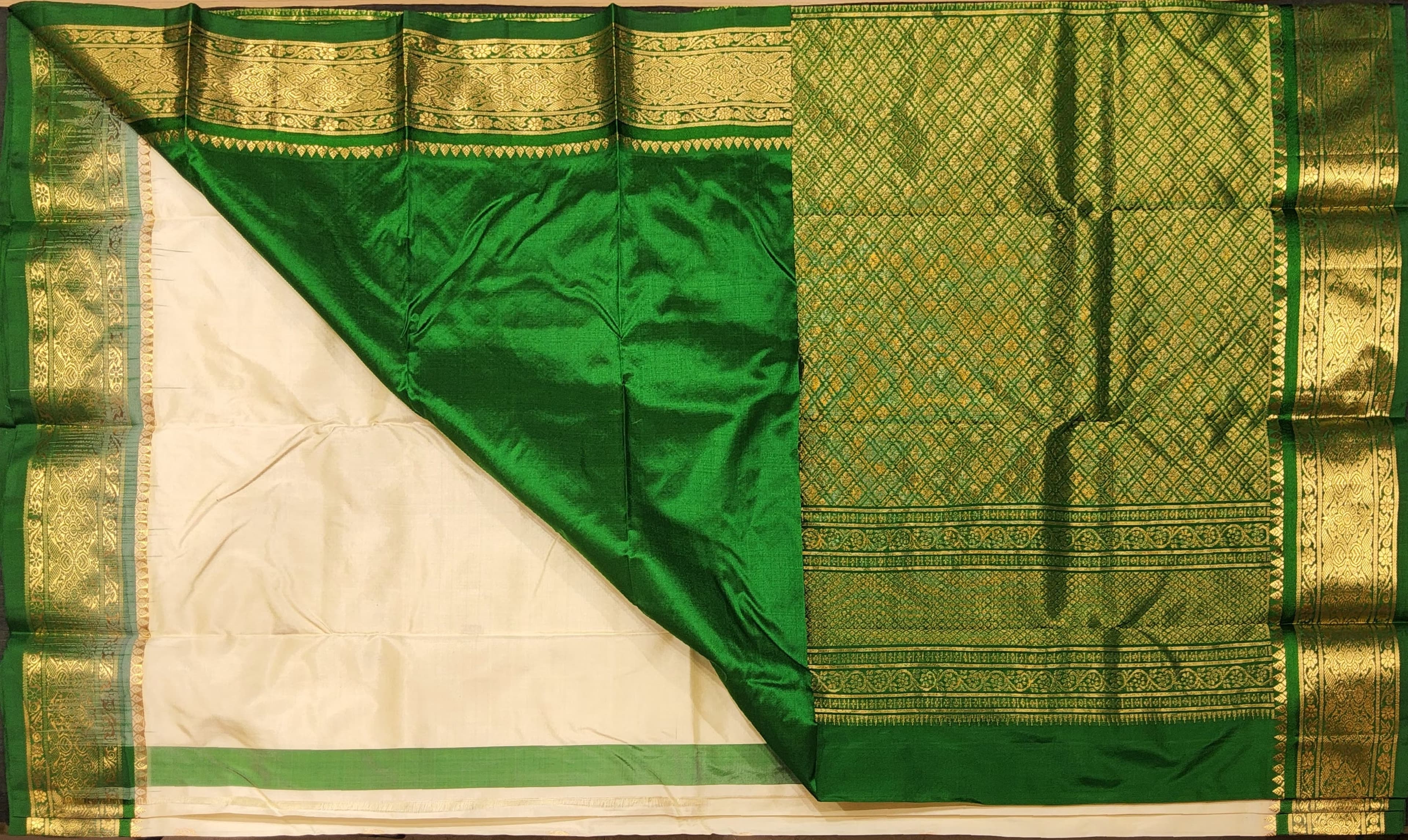 Off White & Green Dharmavaram Silk Saree Pallu - Intricate gold zari design, perfect for a Bharatanatyam dress.