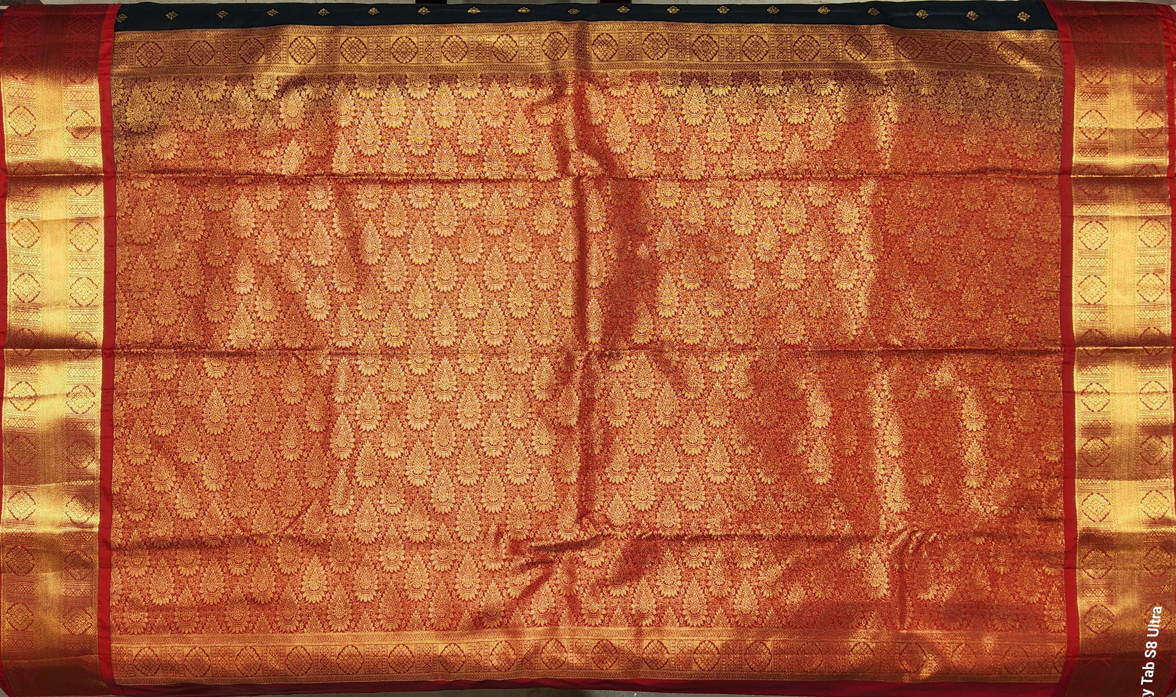 Black and red Kanchipuram silk saree full view, Dharmavaram pattu sarees style, bridal wear