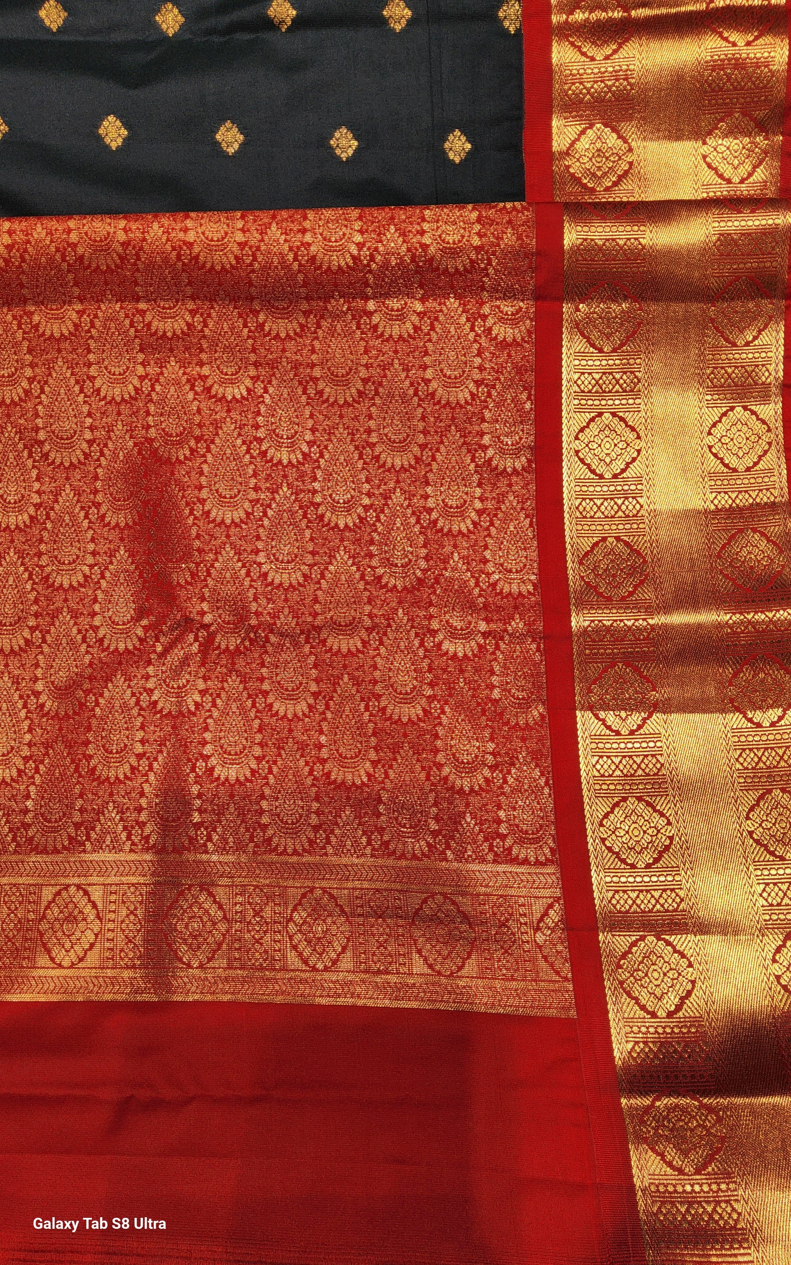 Margam saree, black and red, pure Kanchipuram silk, suitable for dance costume, Dharmavaram sarees