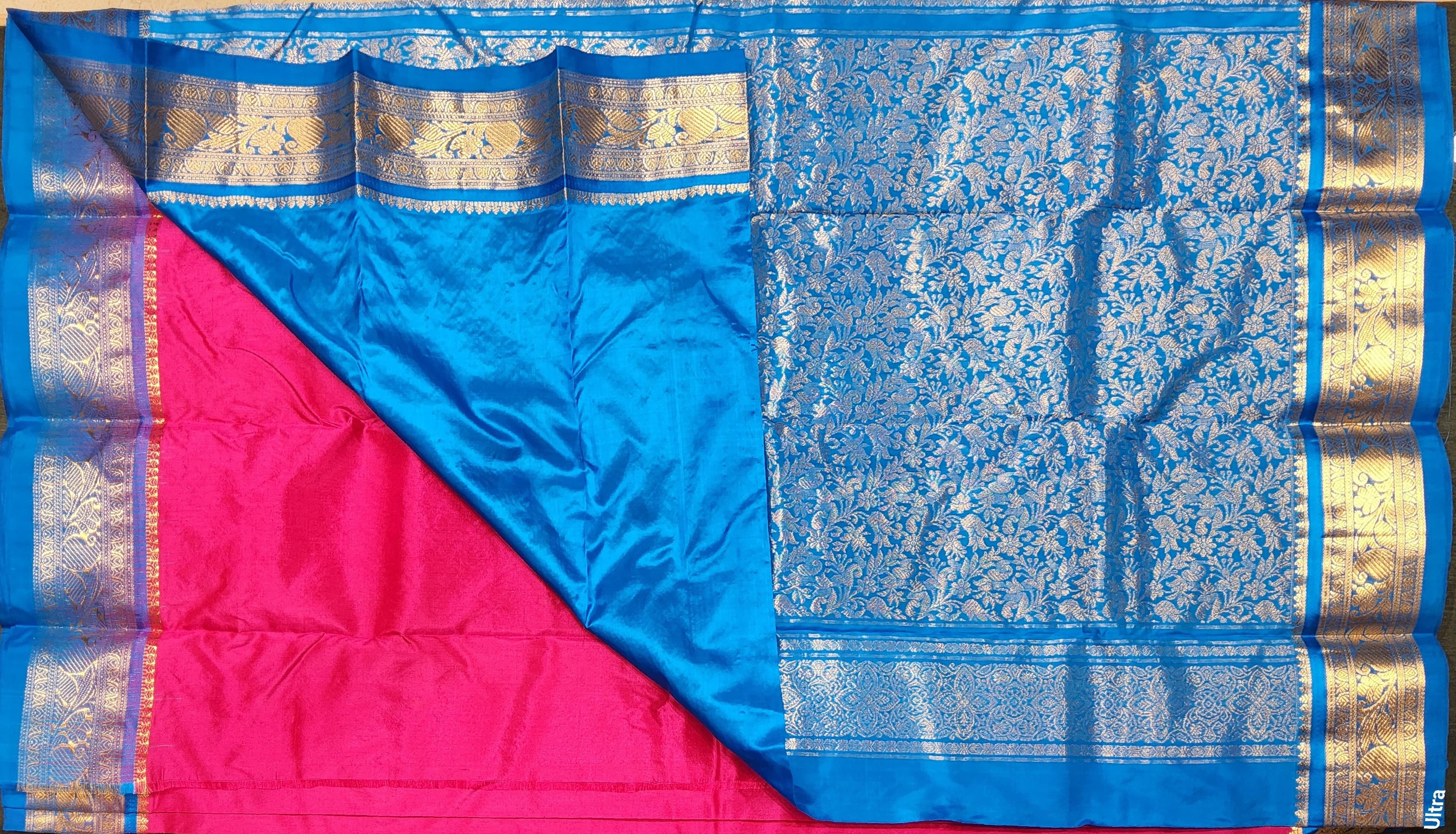 Pink Dharmavaram Sarees: authentic silk dance practice saree with blue border and gold zari