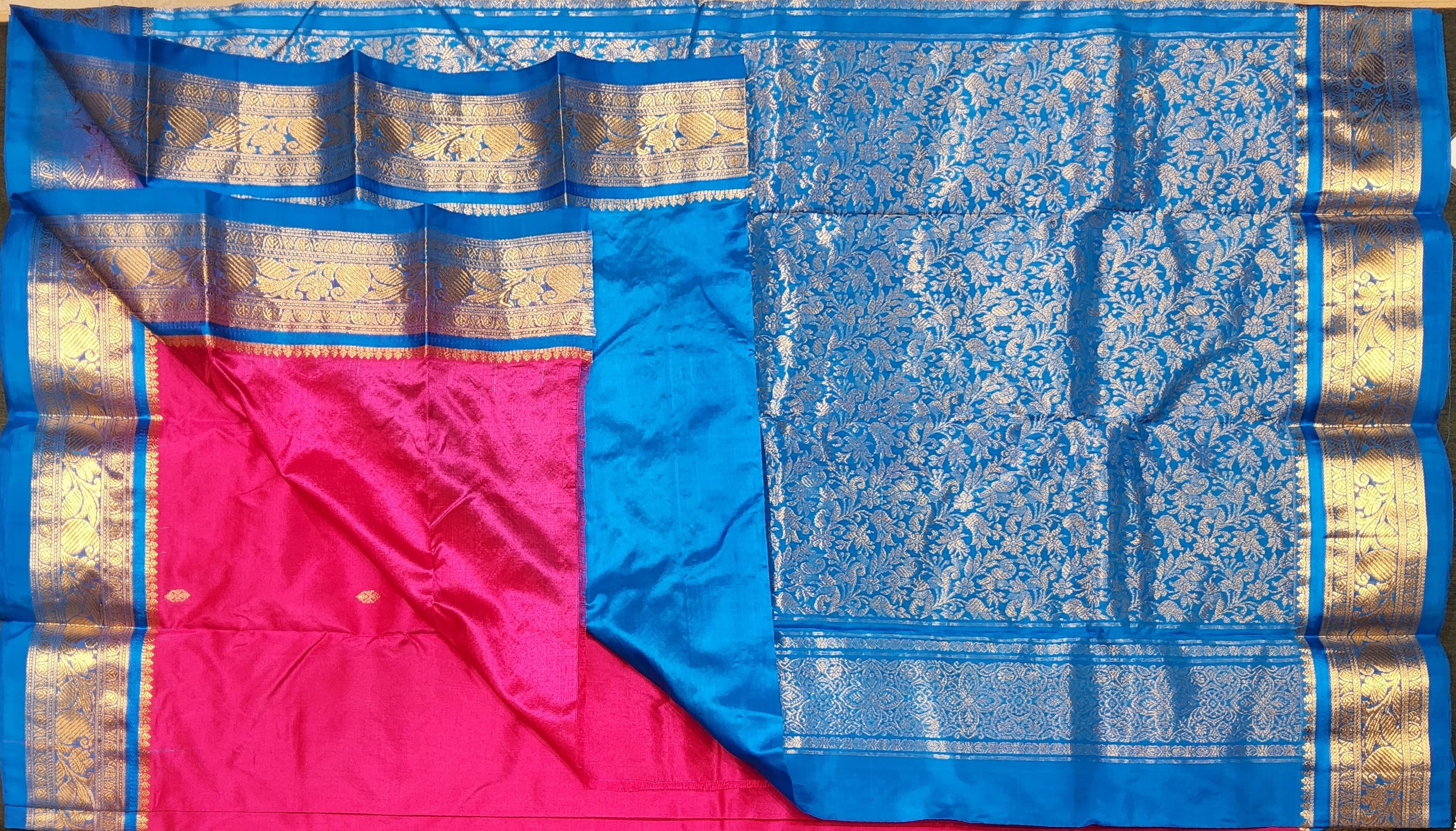 Dharmavaram Silk: Pink and Blue authentic silk bharatanatyam sarees close up, gold zari detail