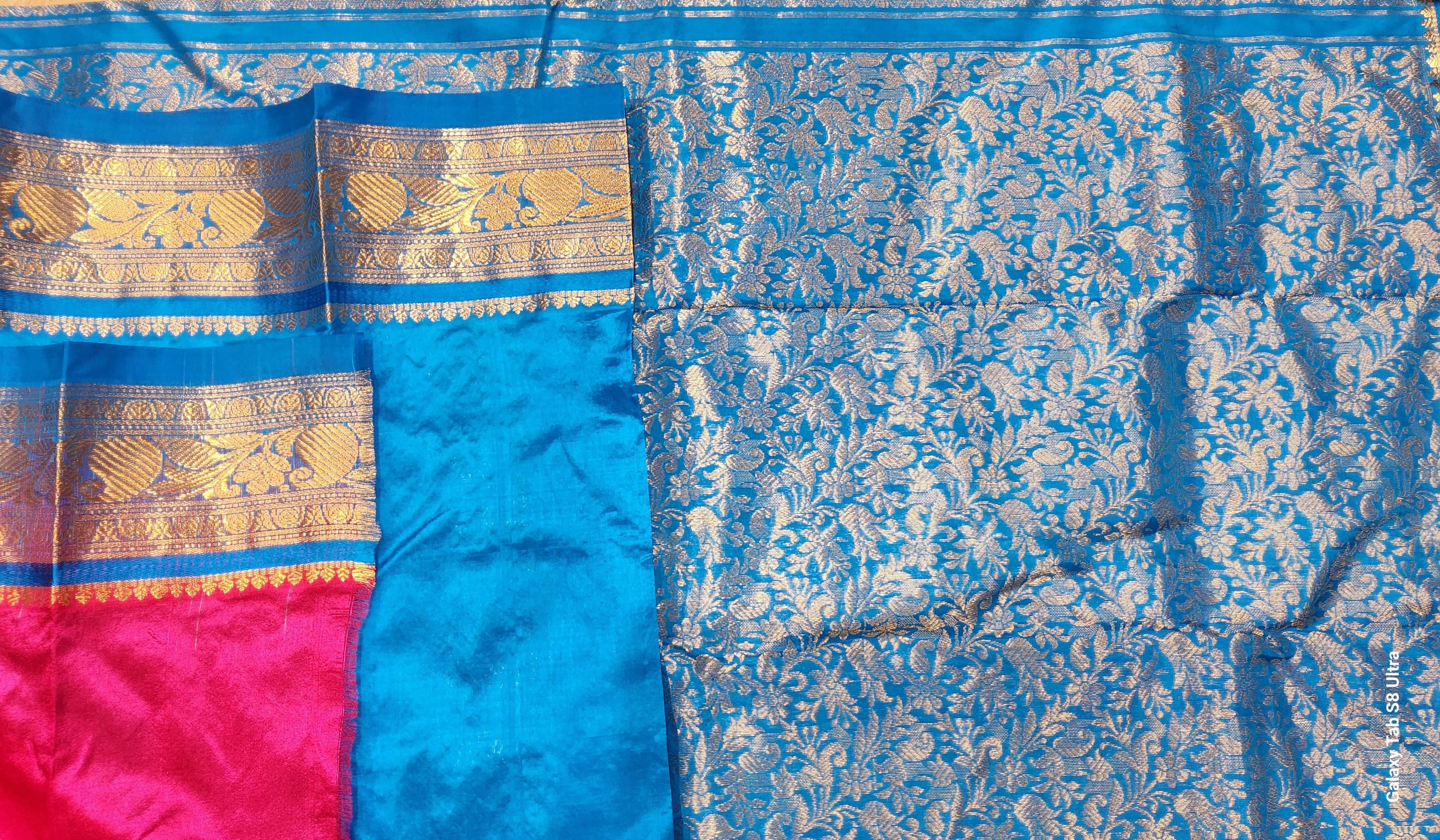 Authentic silk Dharmavaram sarees: Pink and Blue dance practice saree full view