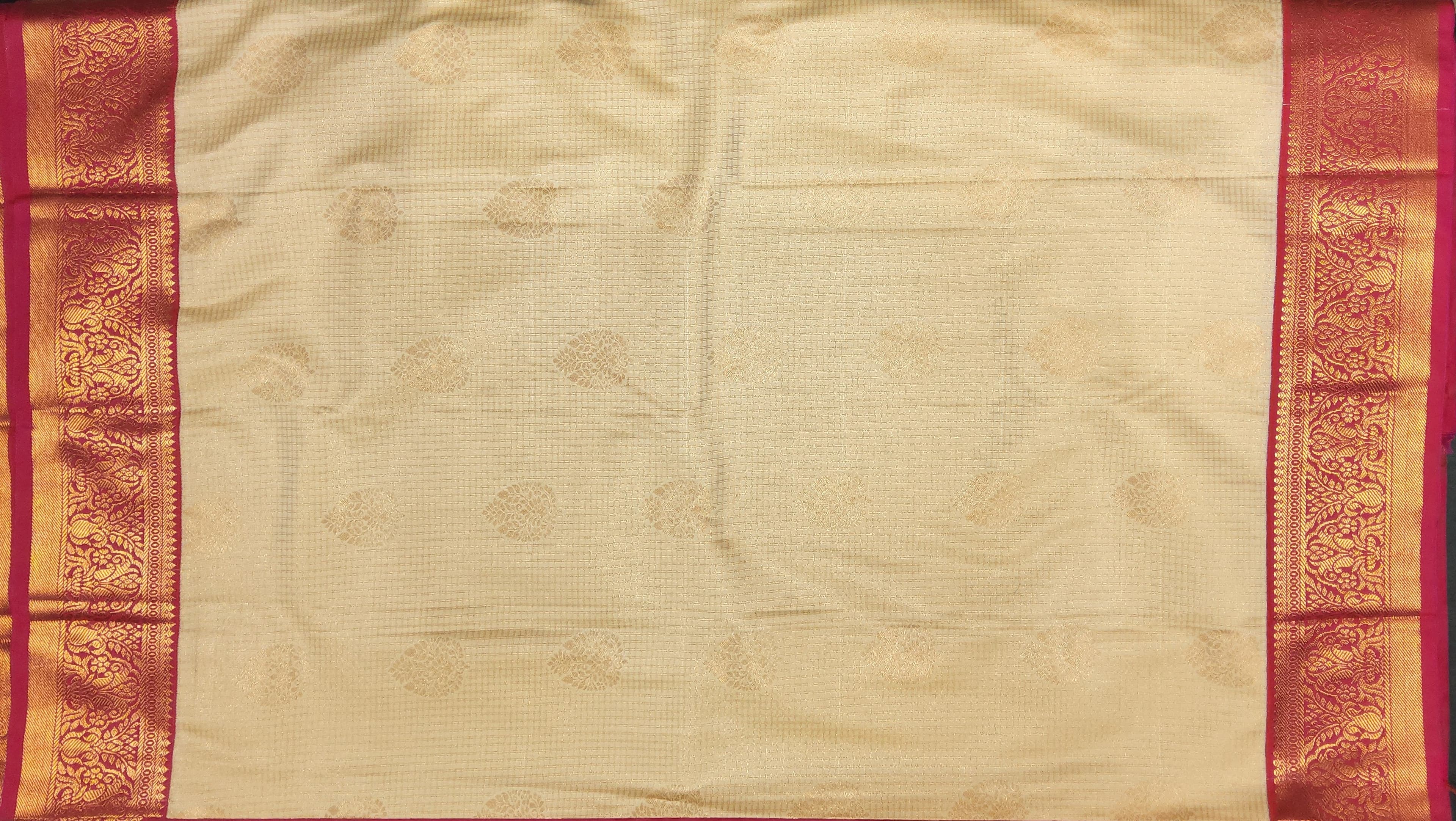 Full view of Margam saree. Off white and Rani pink art silk dance costume, ideal practice saree.