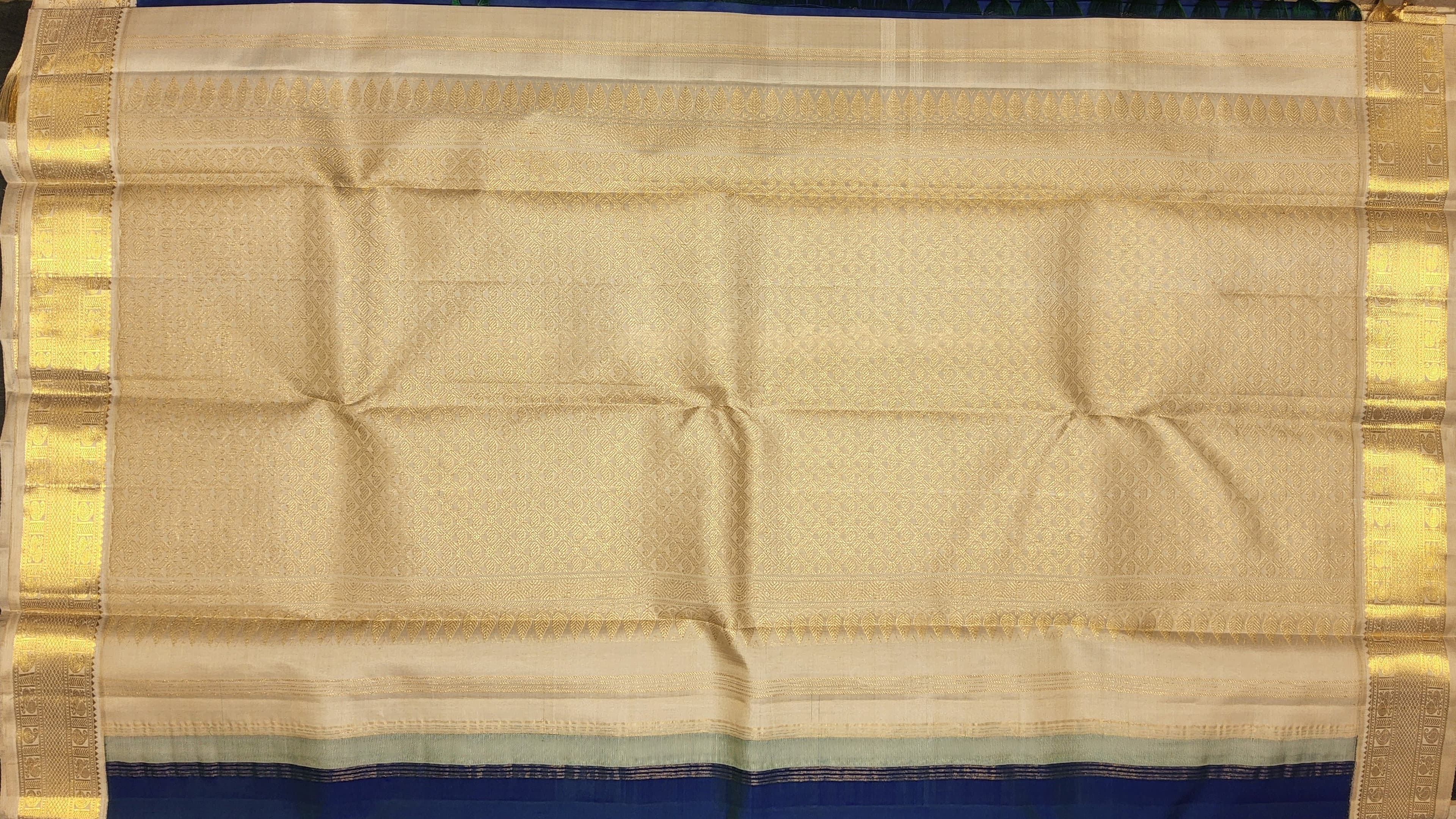 Blue & gold Kanchipuram authentic silk saree, perfect for Bharatanatyam practice.