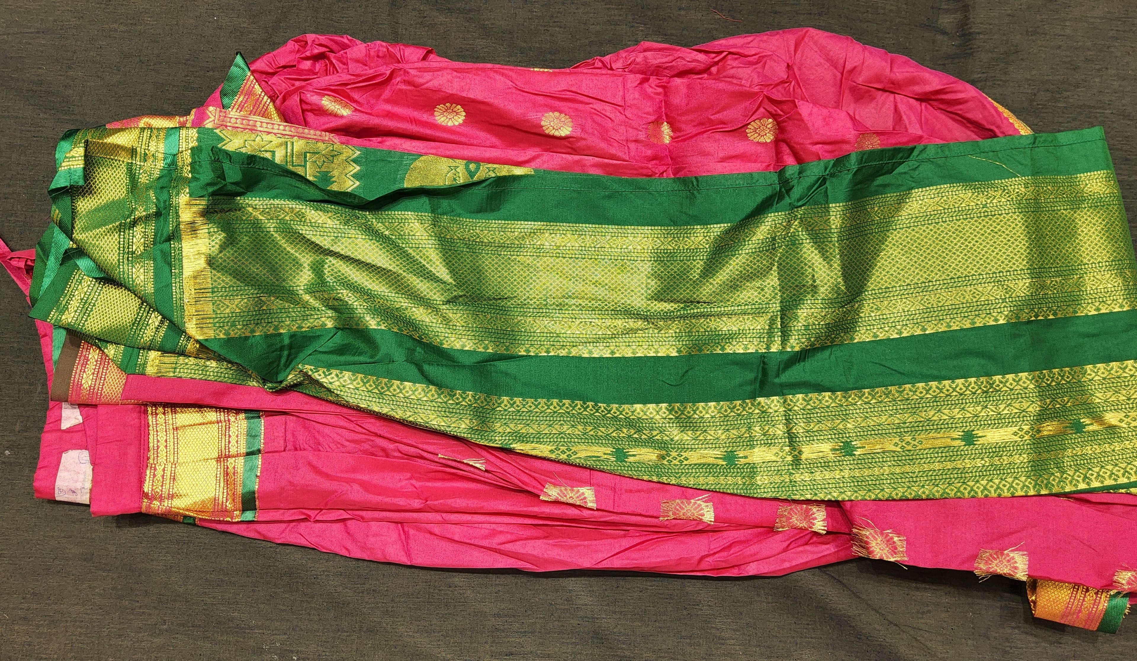 Readymade Madi Saree: Authentic silk, vermillion red, gold zari border, dance practice saree close-up.
