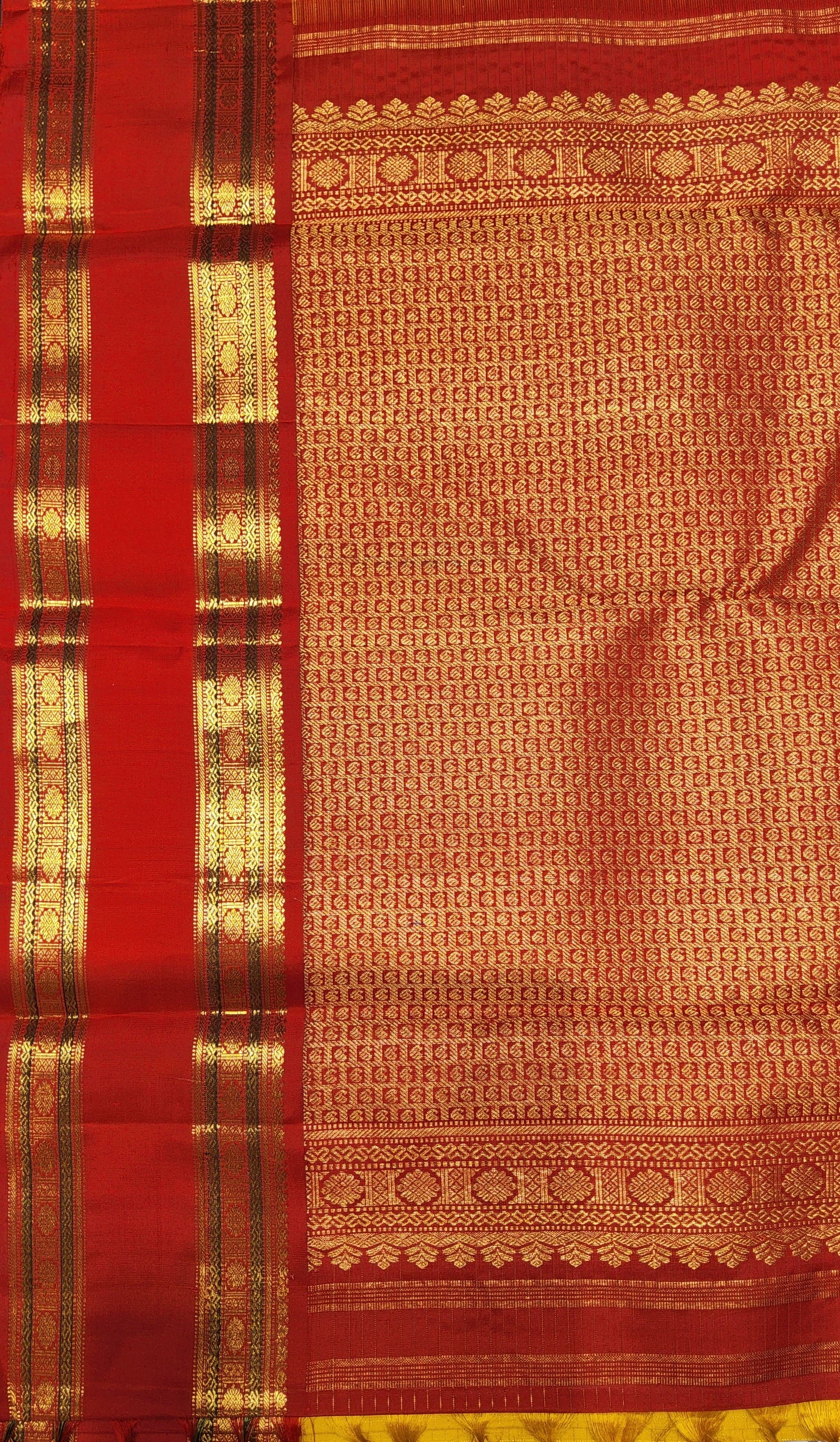 Model wearing Kanchipuram silk saree in mustard and red, Arangetram meaning embodied