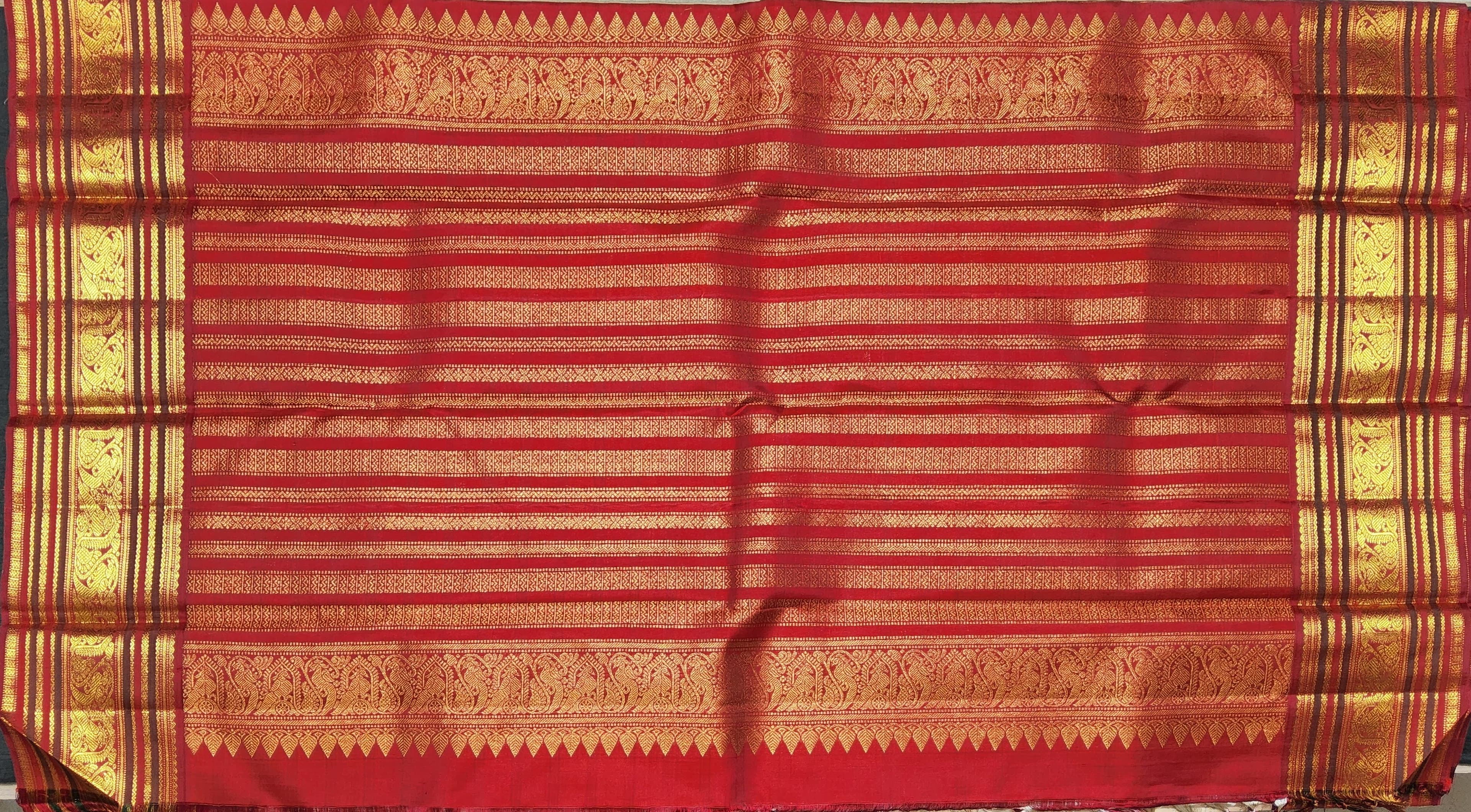 Off-white and maroon authentic silk Kanchipuram saree for Arangetram; bharatanatyam costume with gold zari.