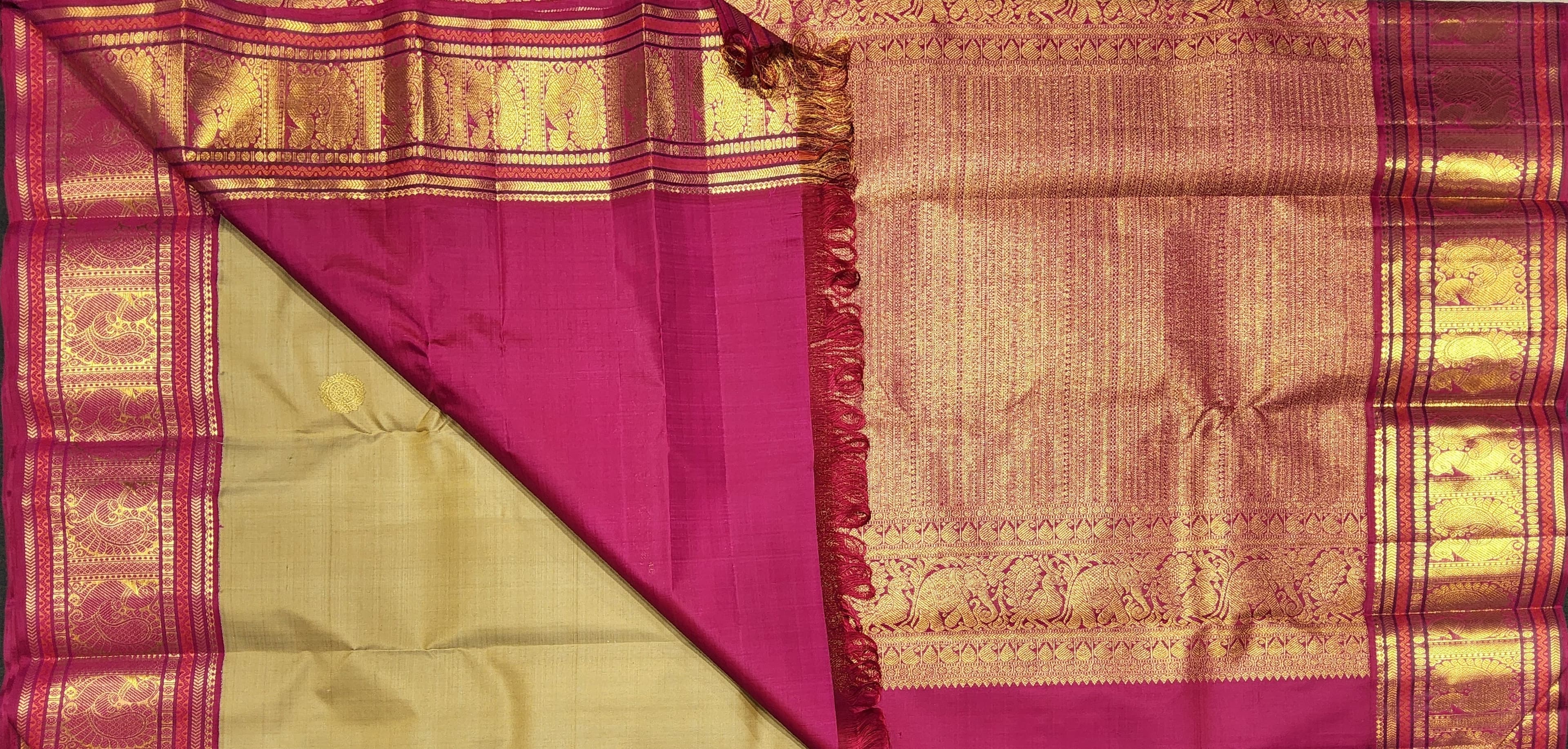 Bharatanatyam practice saree: Mehandi Green and Pink Kanchipuram authentic silk with rich gold zari work