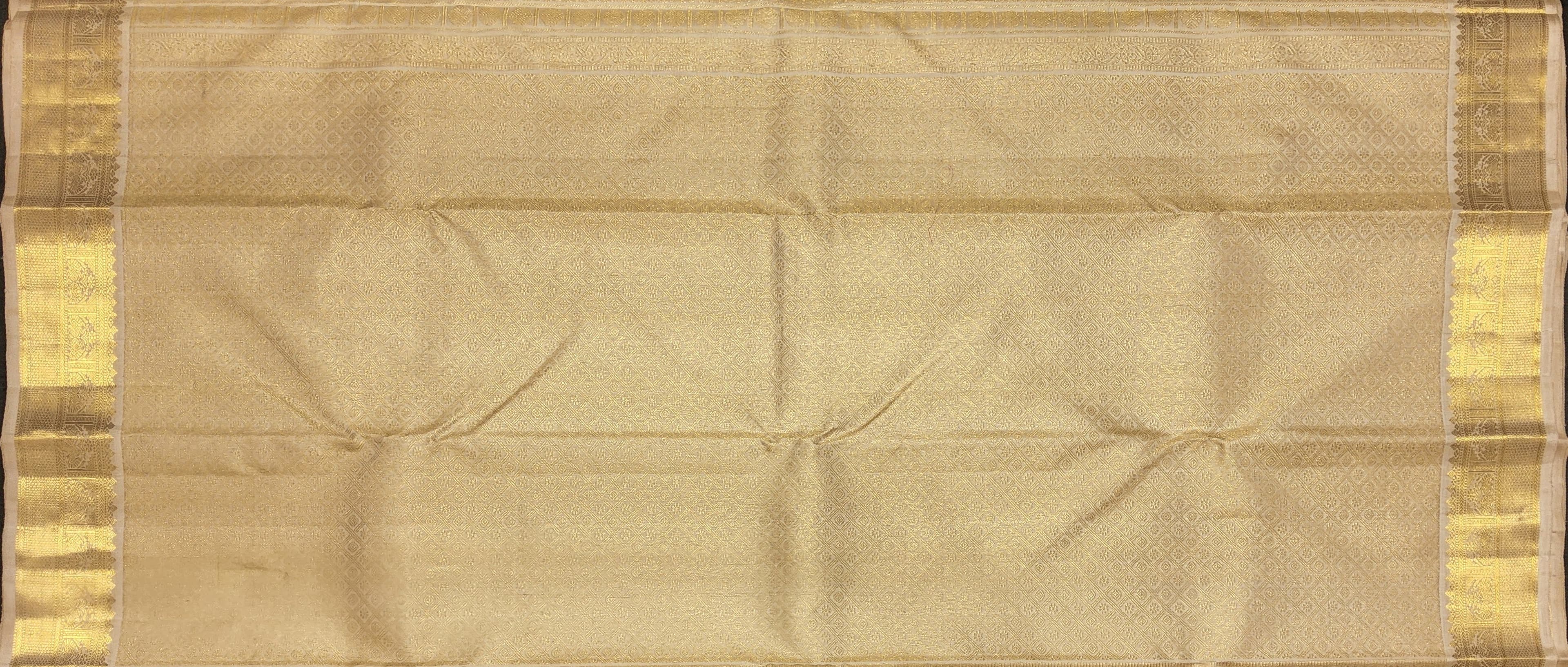 Close-up: Gold zari work on green Kanchipuram authentic silk saree. Arangetram meaning.