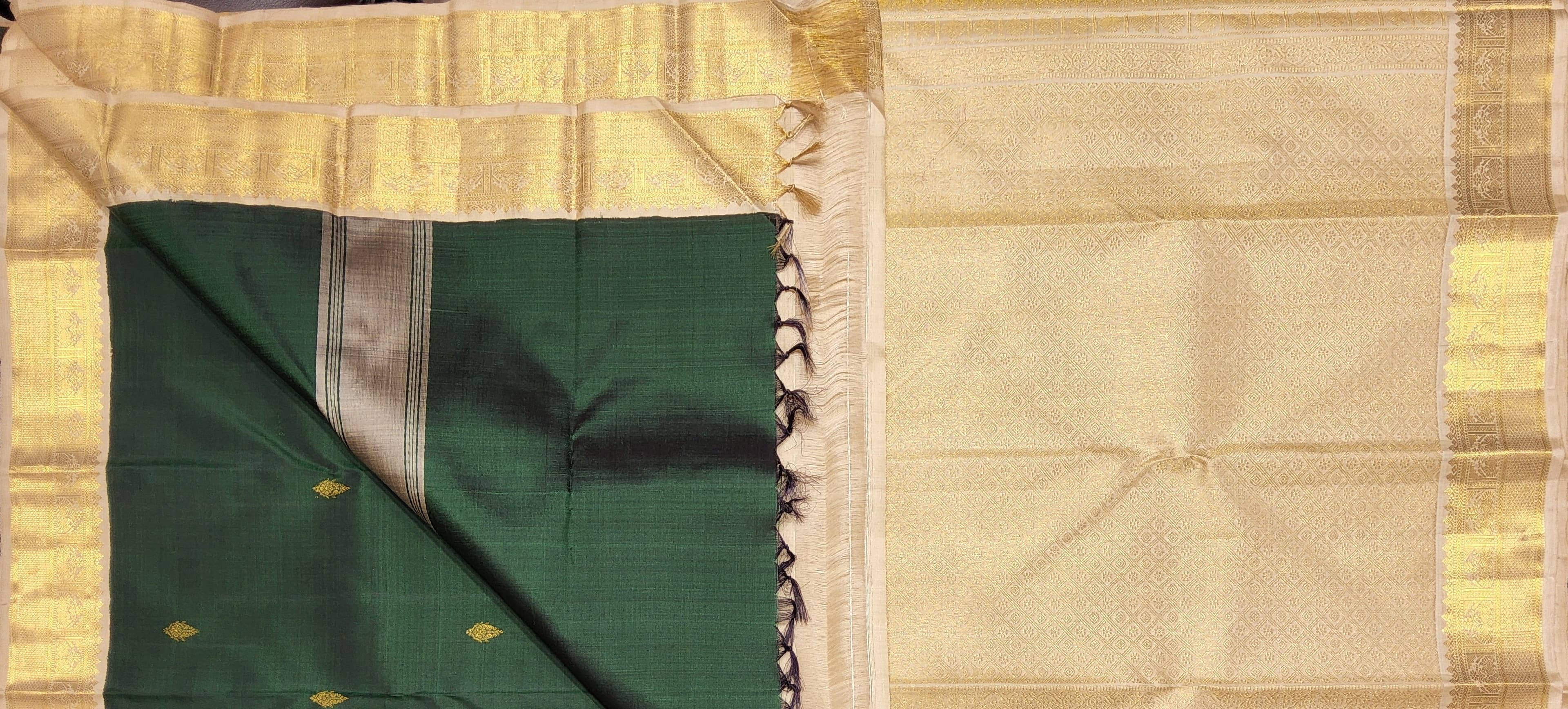 Green Kanchipuram authentic silk saree with unstitched blouse. Ideal Arangetram costume.