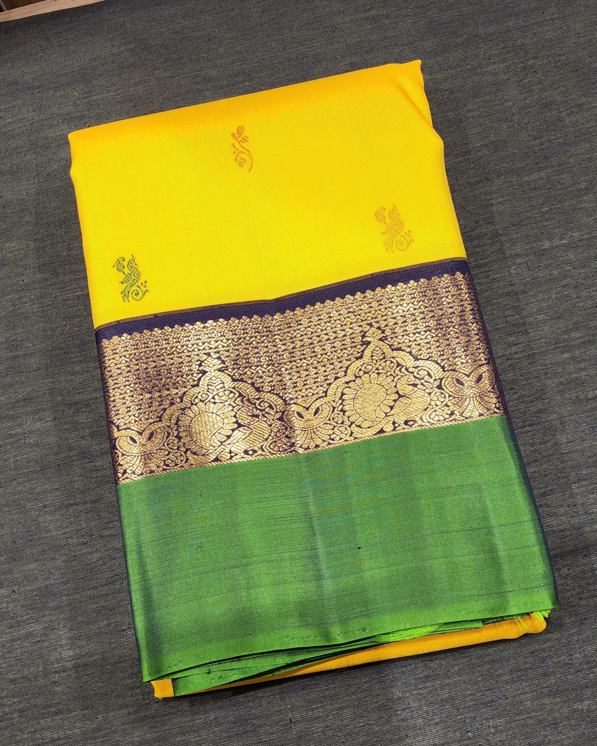 Yellow & Blue Kanchipuram authentic silk saree, Arangetram saree, detailed zari work.