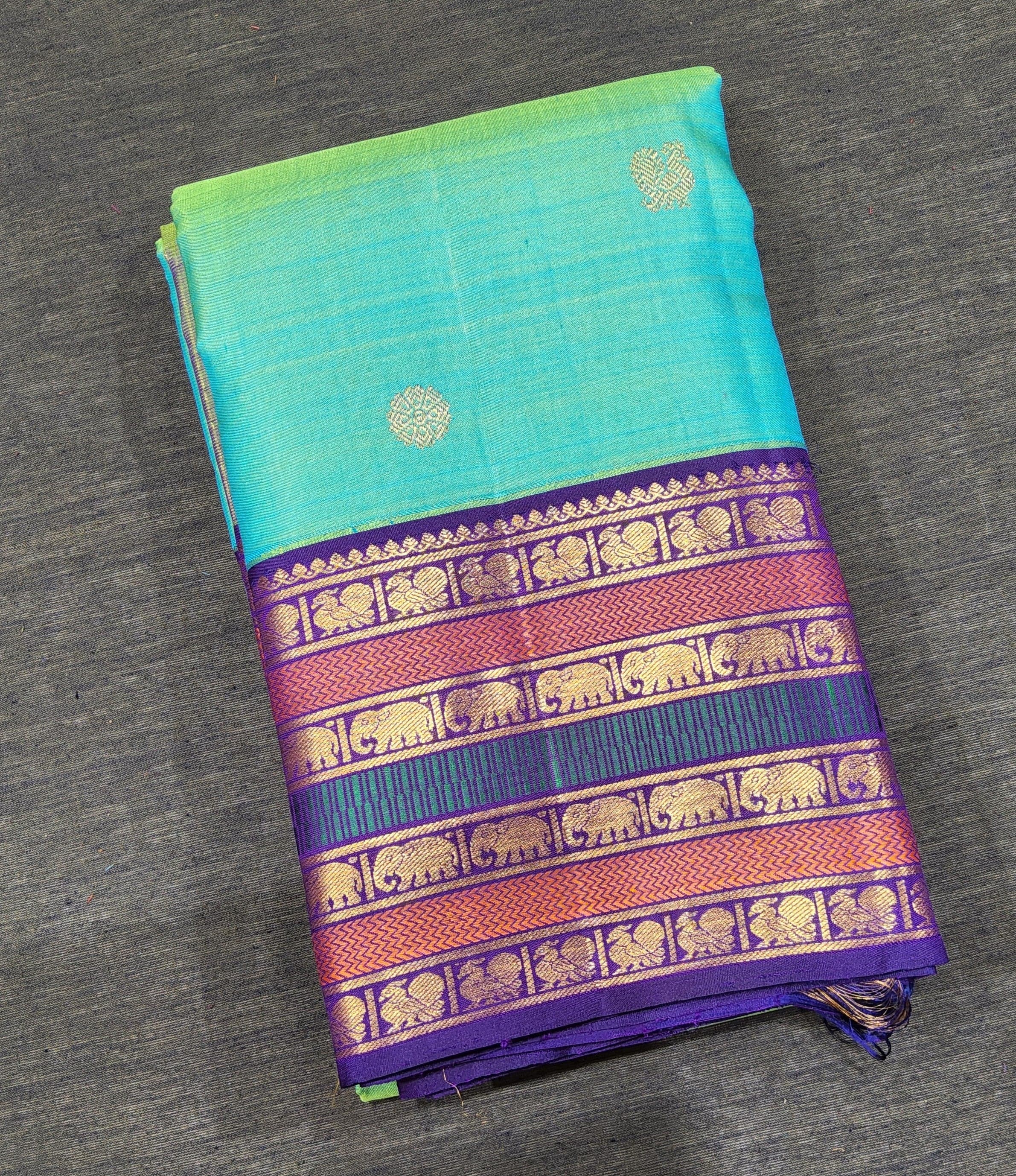 Ramar Blue Kanchipuram authentic silk saree, gold zari elephant border, ideal Arangetram saree