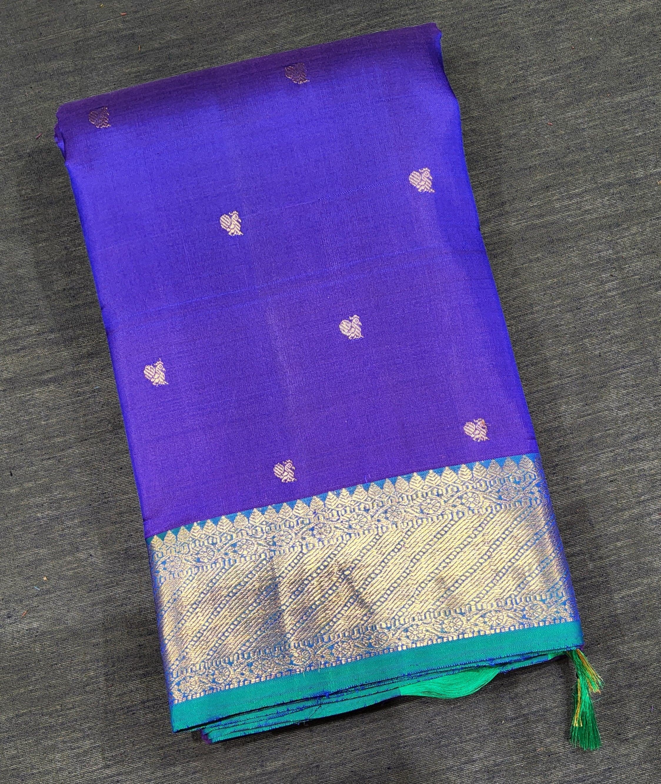 Royal blue Kanchipuram silk saree with green border, gold zari; ideal arangetram saree