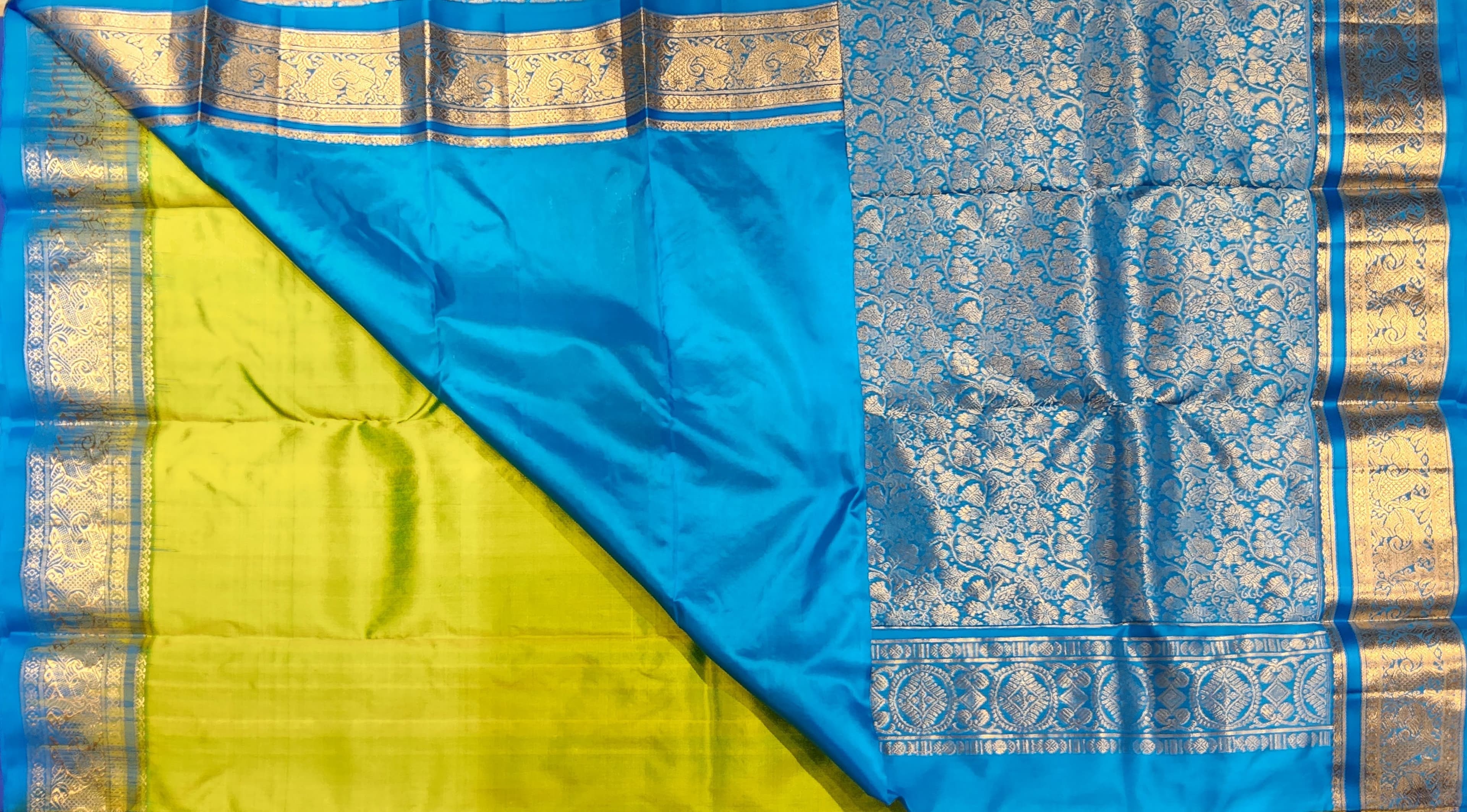 Green and Blue Dharmavaram saree: dance practice saree, authentic silk pallu design