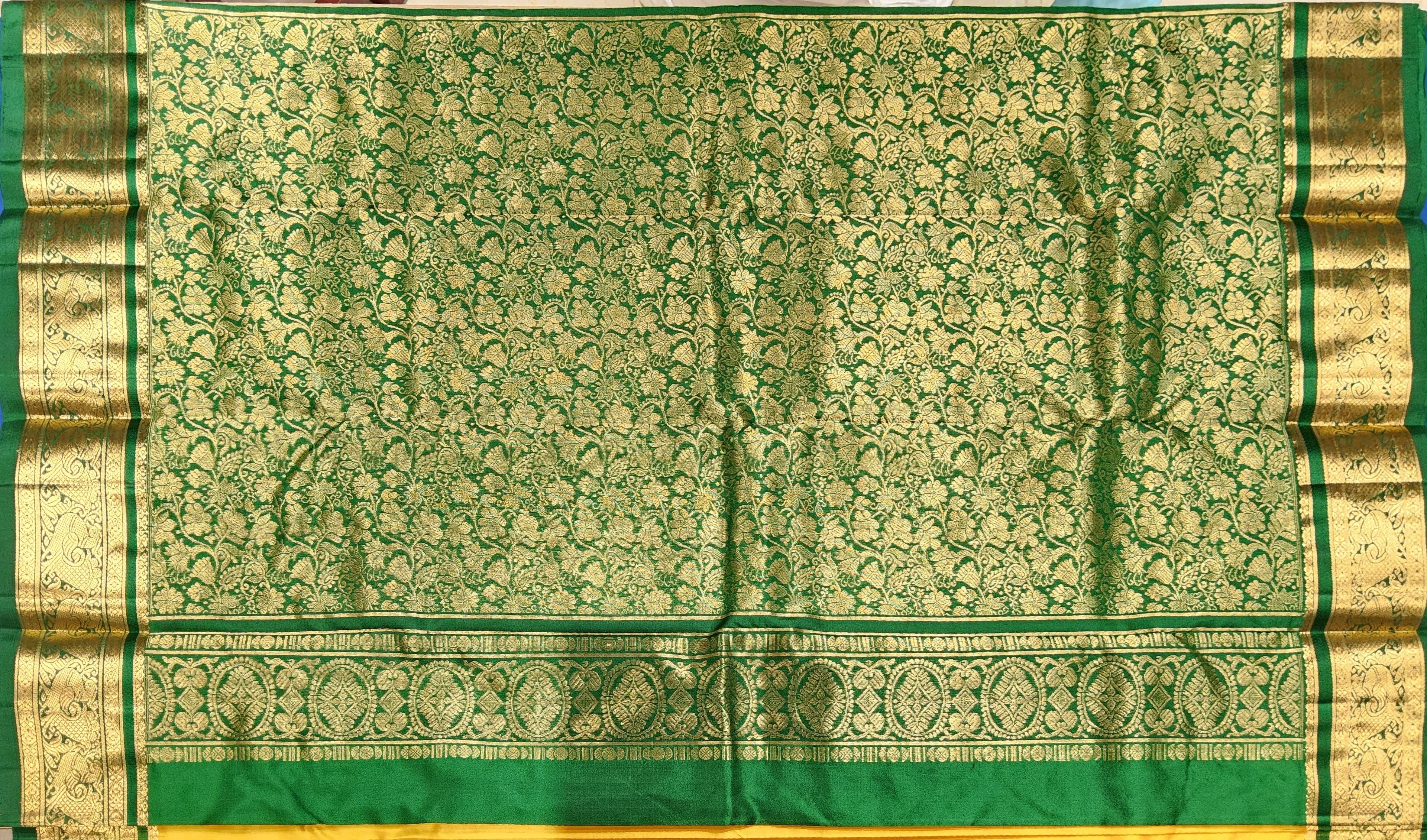Mustard and Green Dharmavaram saree with zari buttas, authentic silk. Perfect bharatanatyam practice saree.