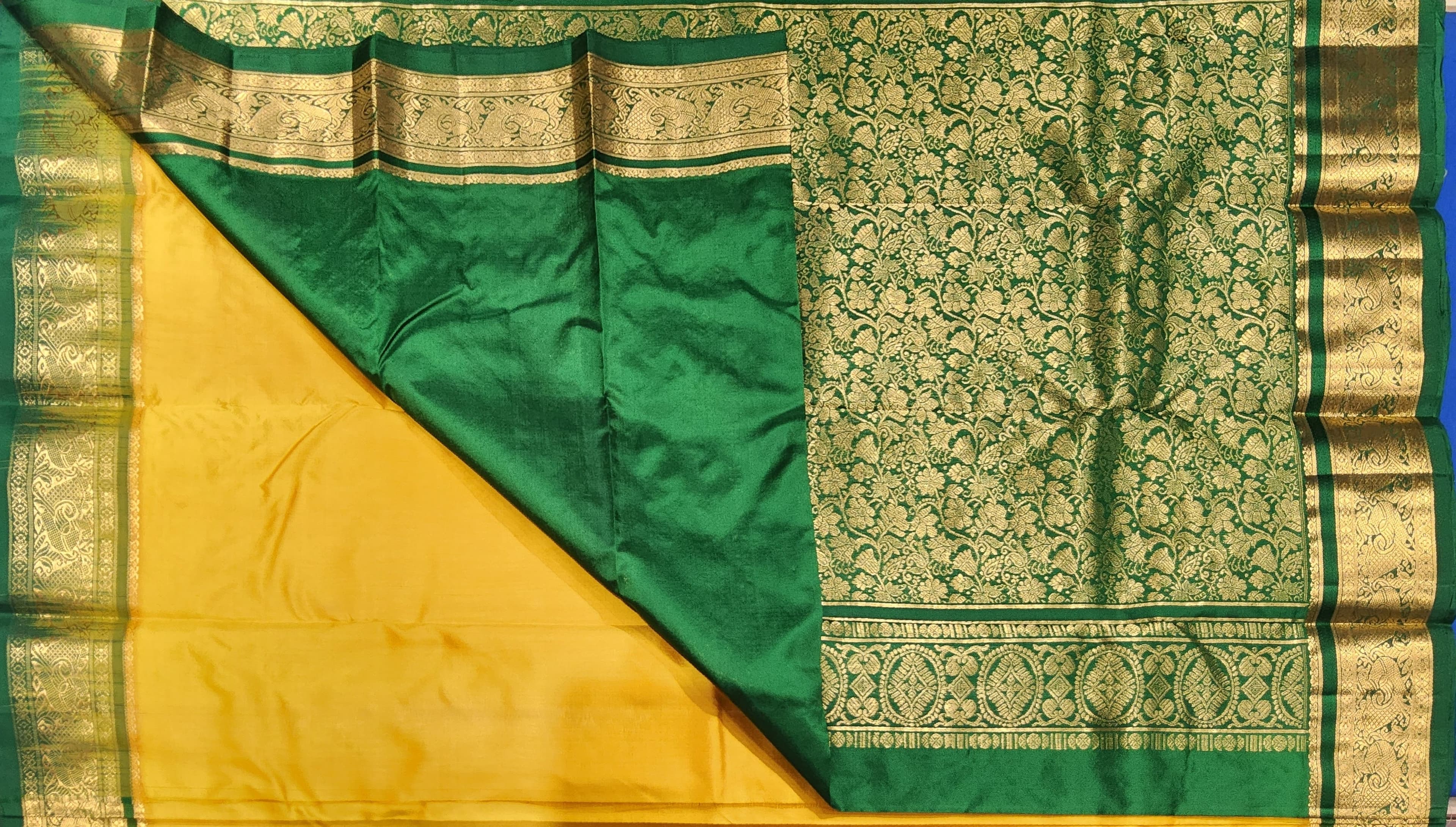 Authentic silk Dharmavaram saree in mustard and green. Dance practice saree for Bharatanatyam.