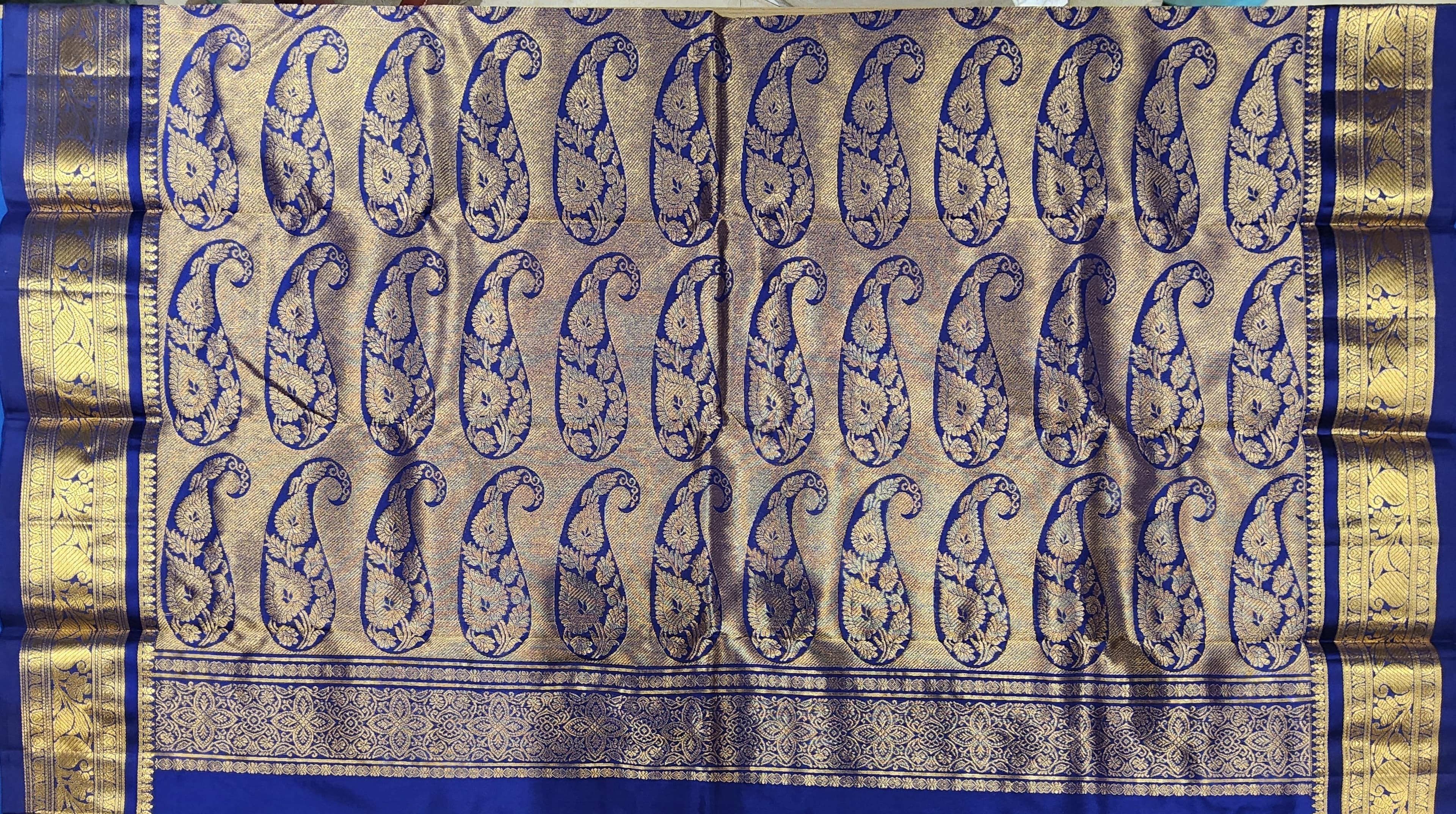 Peacock Green Dharmavaram Silk Saree. Authentic silk with blue and gold zari border. Dance practice saree.