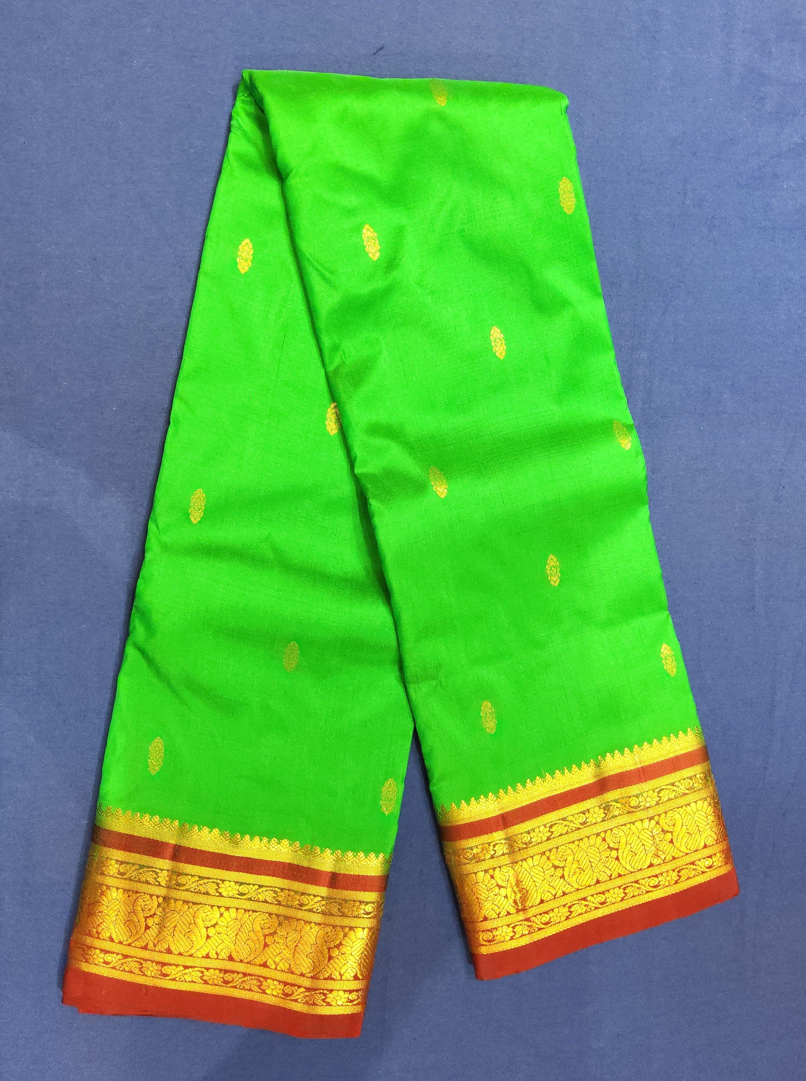 Dharmavaram pattu saree close-up: parrot green & maroon, authentic silk, gold zari detailing. Bharatanatyam practice saree.