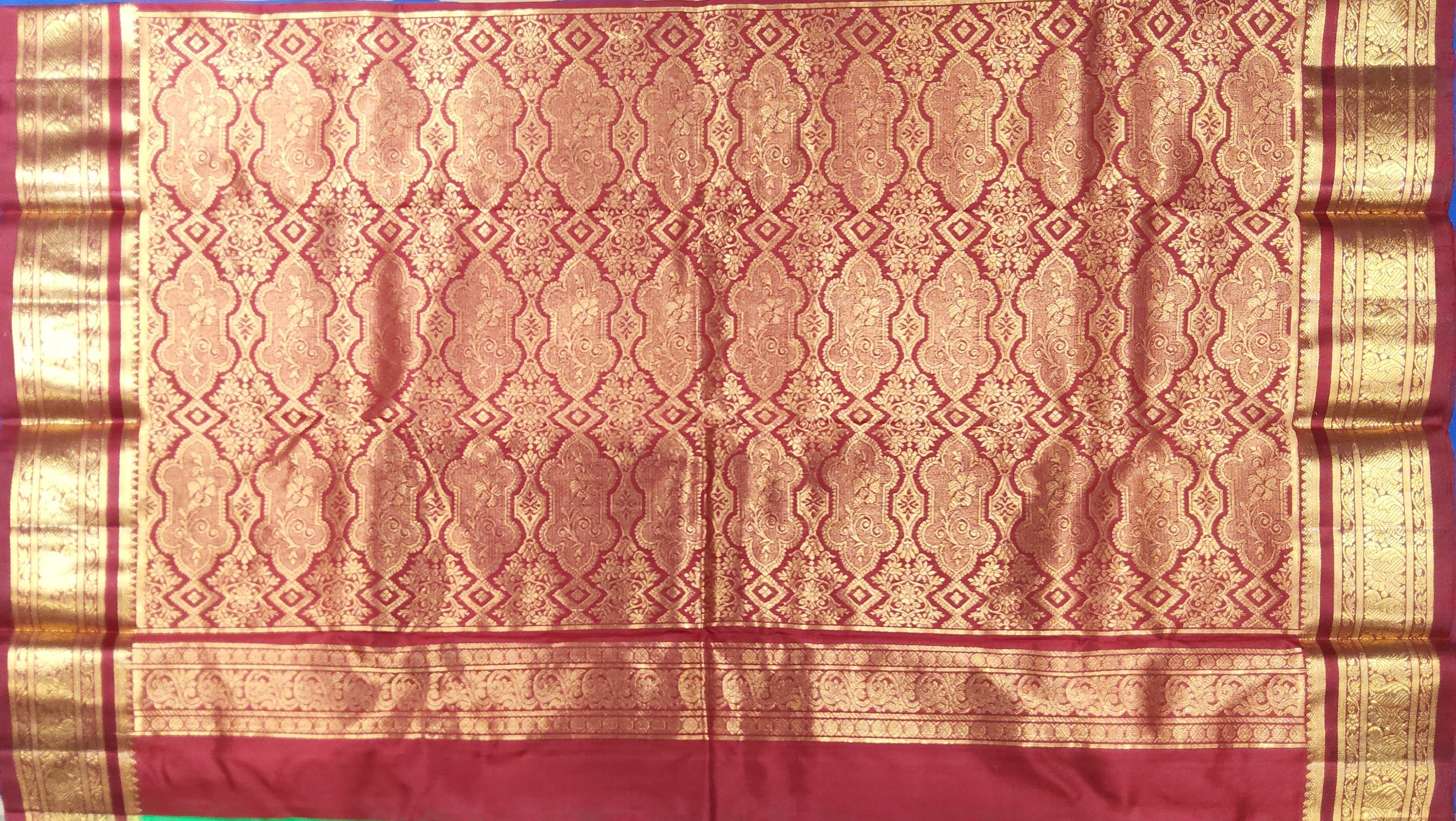 Dharmavaram silk saree with blouse: parrot green, maroon border, authentic silk. Perfect practice saree.