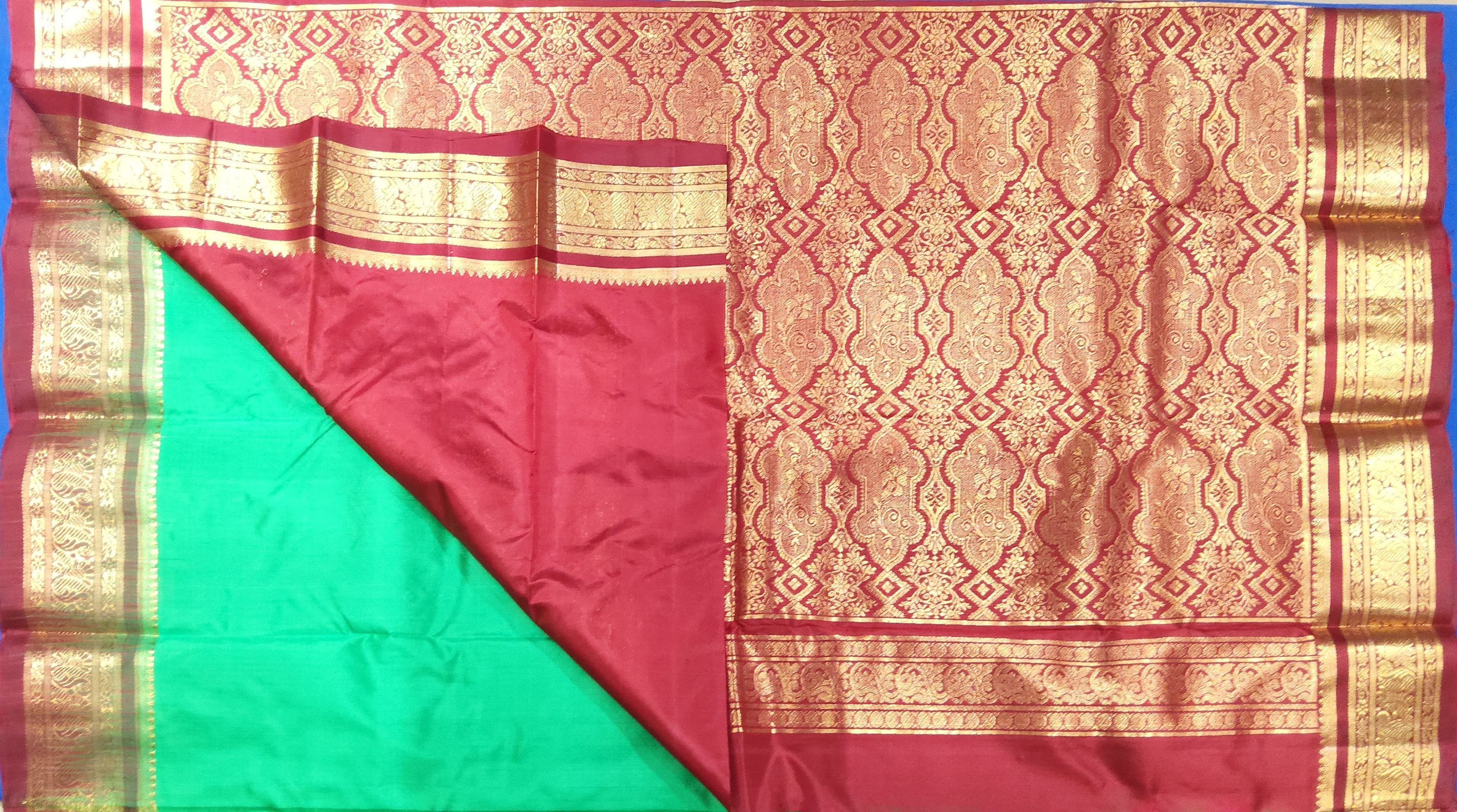 Parrot green Dharmavaram saree pallu: authentic silk, gold zari weave, traditional design. Dharmavaram sarees.