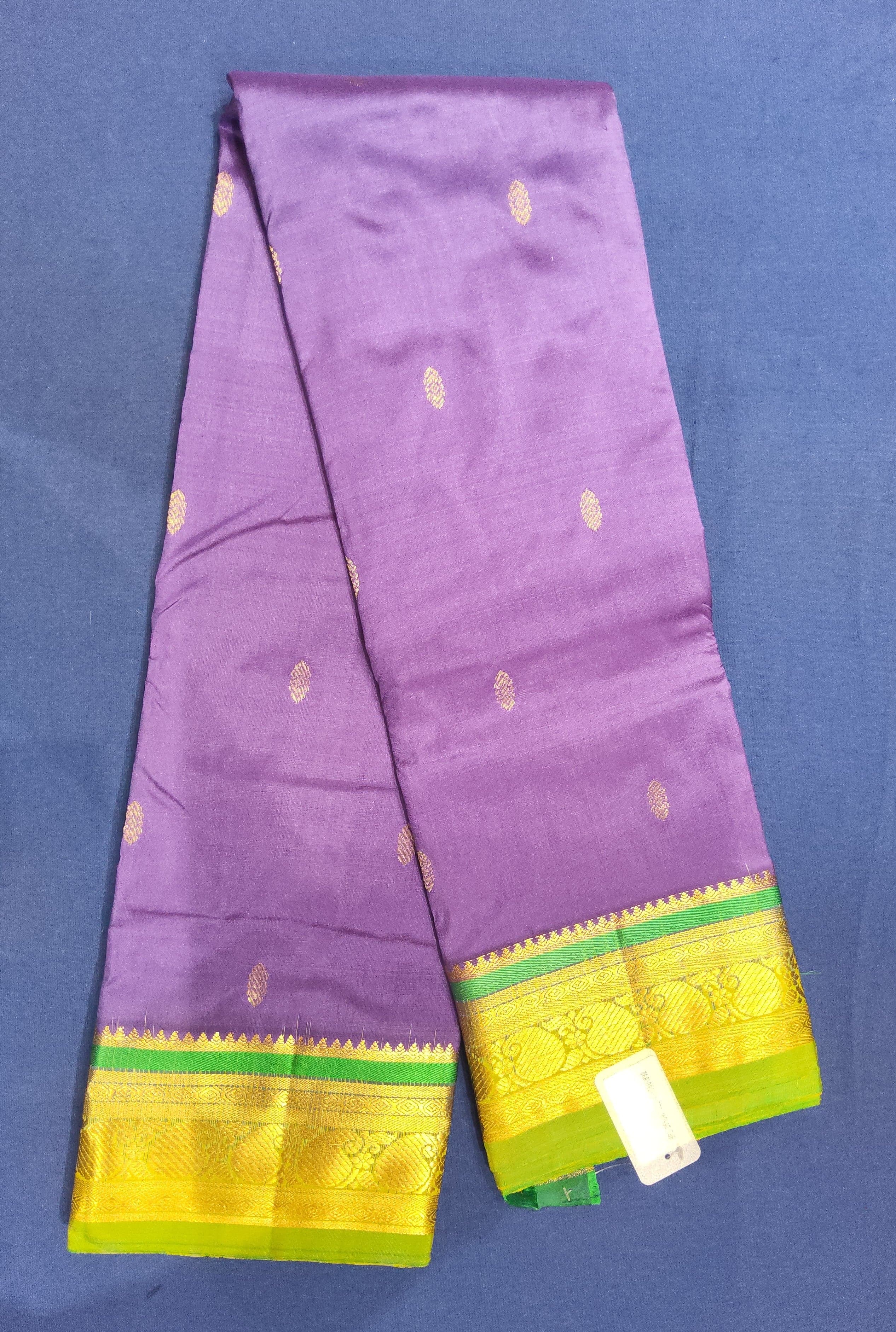 Purple and green authentic silk Dharmavaram saree full view. Dance practice saree.