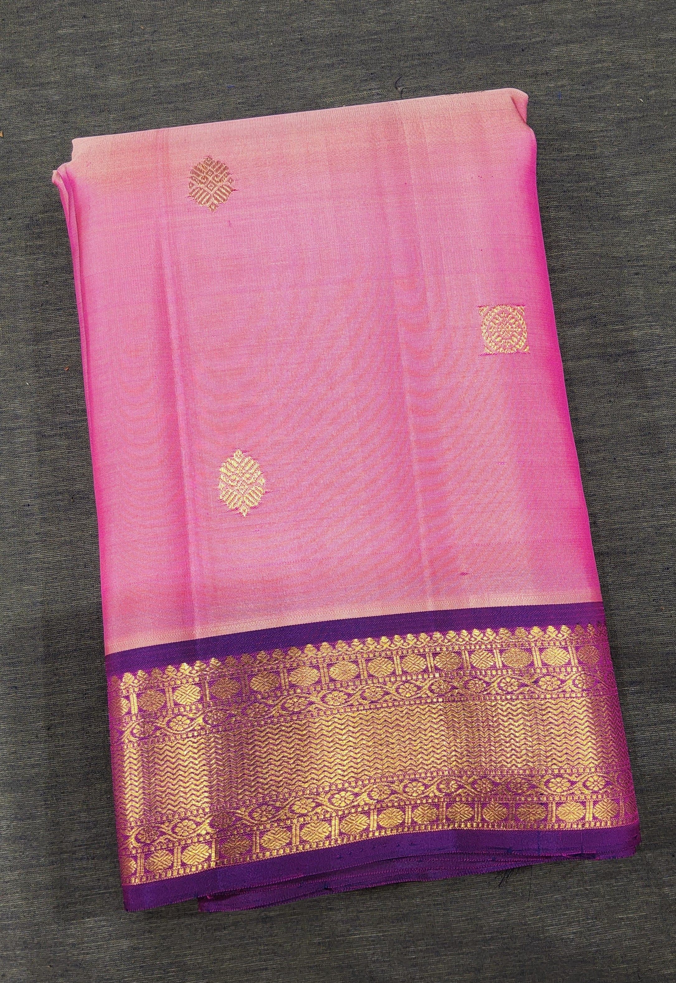 Peach and Vadamalli Kanchipuram Saree close-up, authentic silk with gold zari for arangetram.