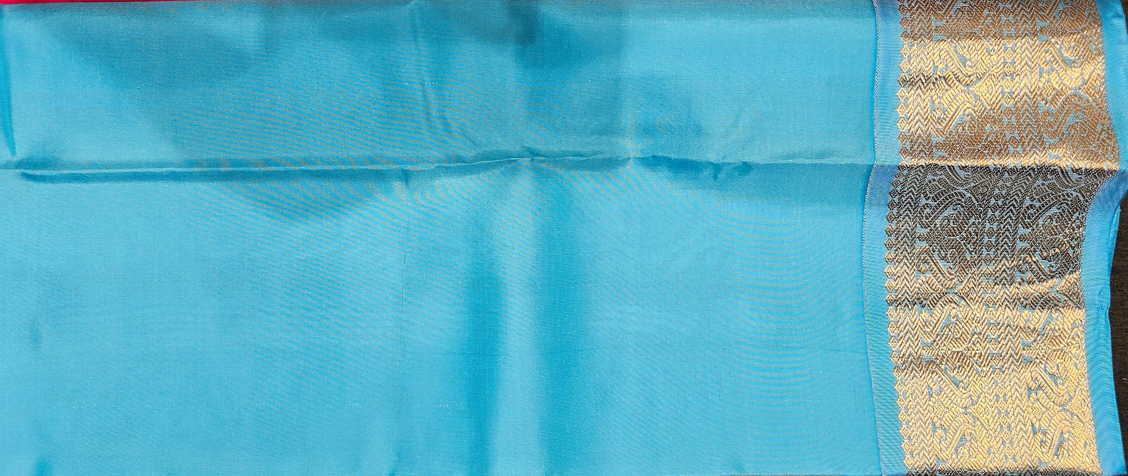 Pink with SkyBlue | Semisilk Saree |  SV909 - Image 4
