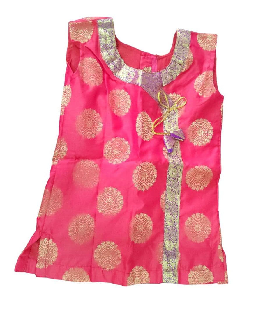 Krishnar Top for 8-year-old, fuchsia art silk, gold medallion brocade, Bharatanatyam costume detail.
